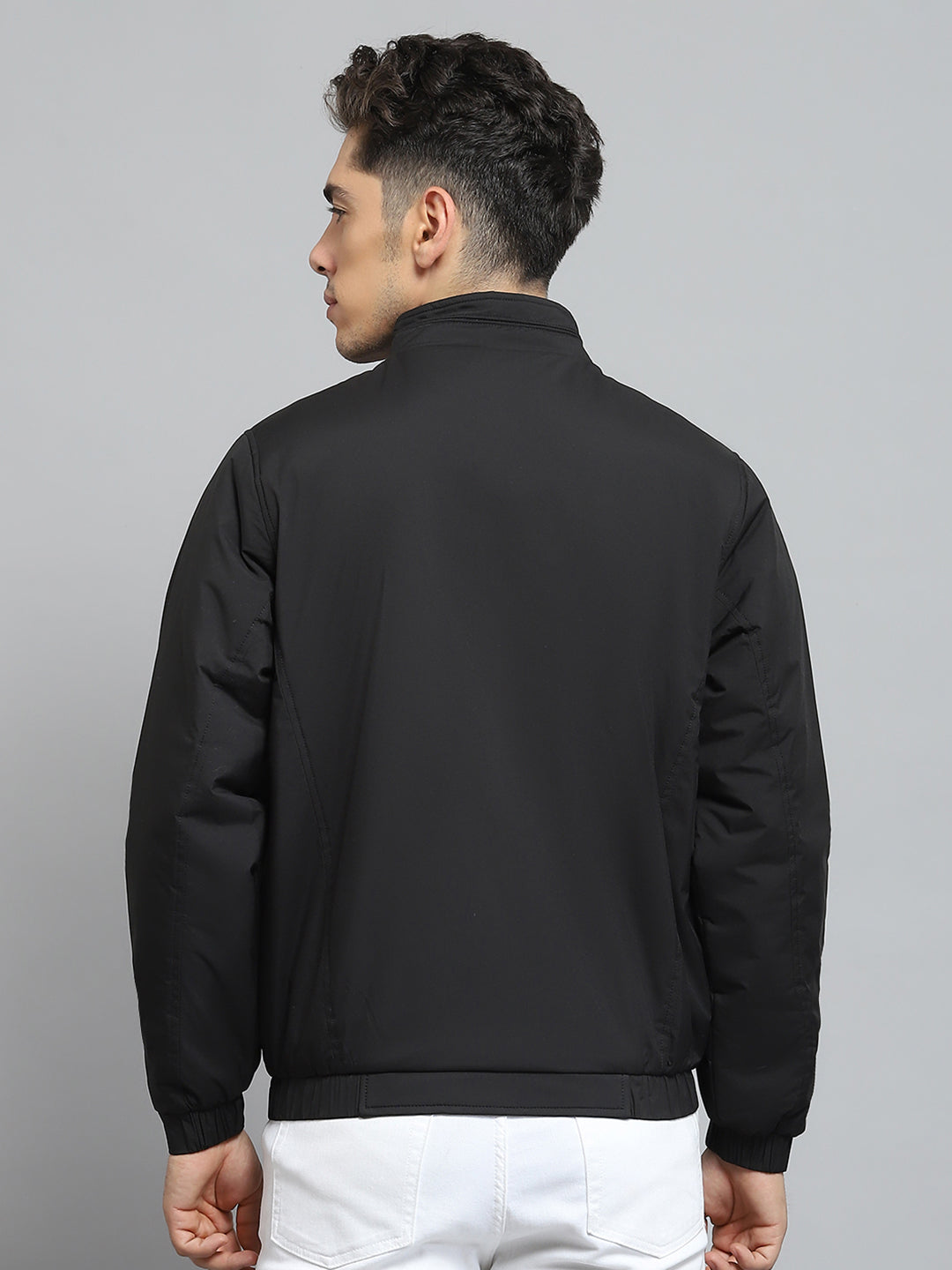 Men Black Solid Mock Neck Full Sleeve Jacket