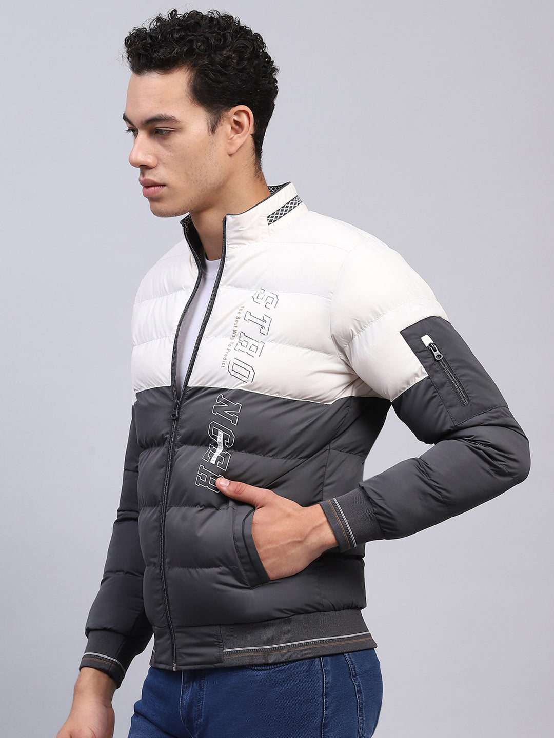 Men White & Grey Printed Mock Neck Full Sleeve Jacket