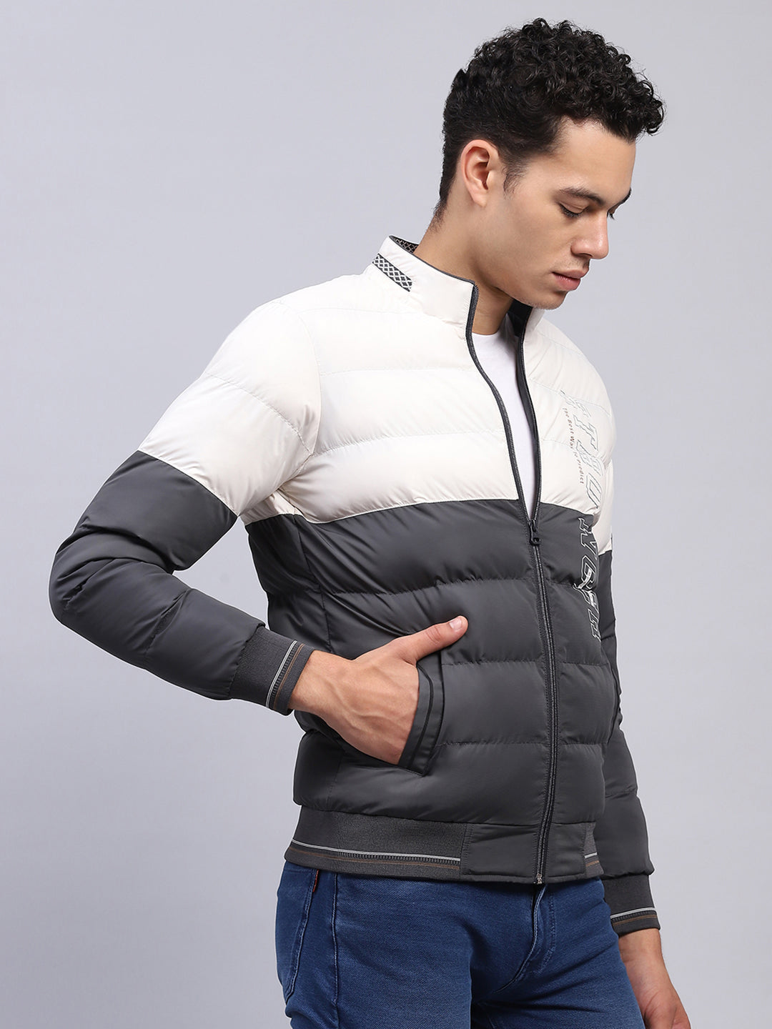 Men White & Grey Printed Mock Neck Full Sleeve Jacket