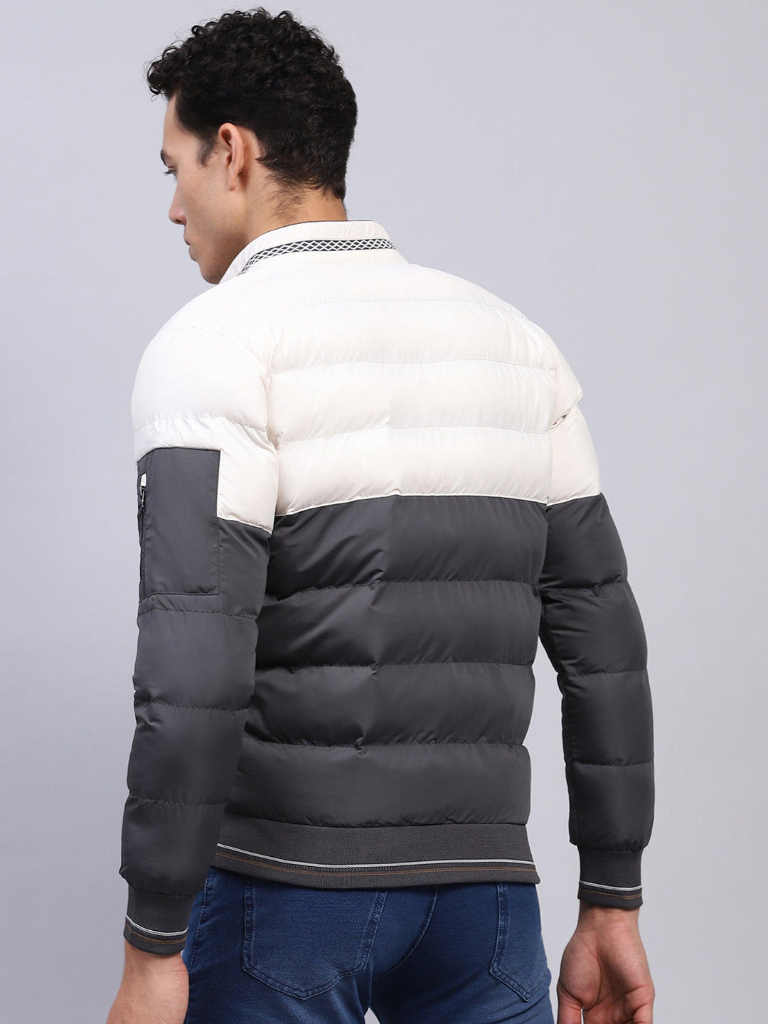 Men White & Grey Printed Mock Neck Full Sleeve Jacket