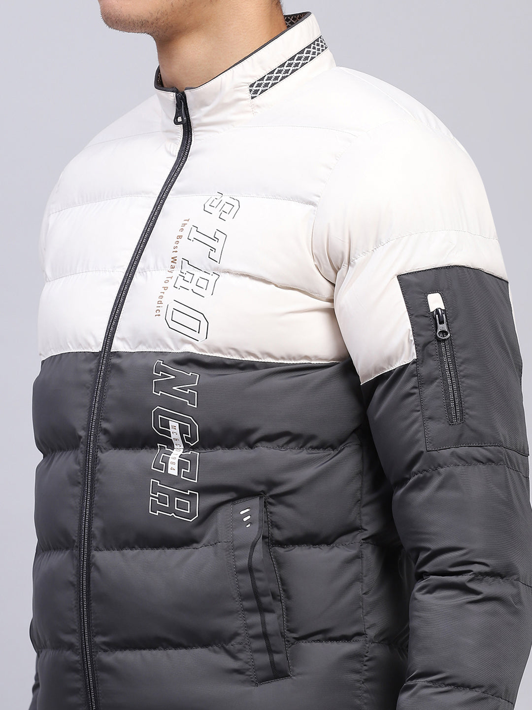 Men White & Grey Printed Mock Neck Full Sleeve Jacket