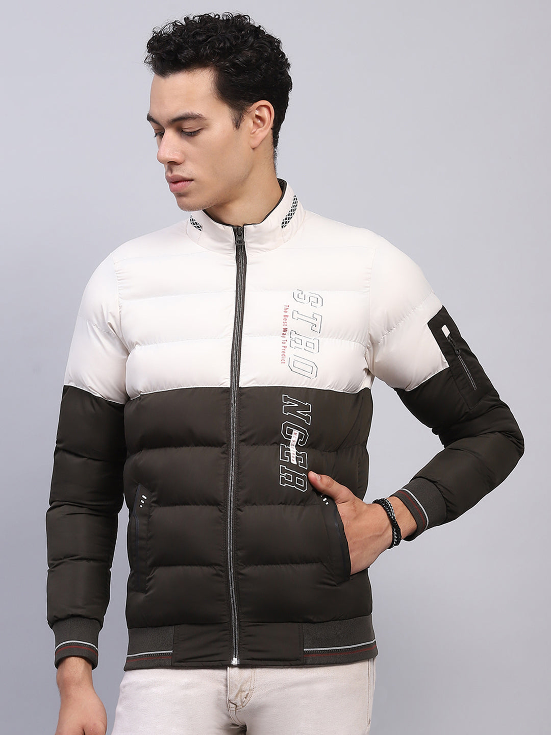 Men White Olive Printed Mock Neck Full Sleeve Jacket