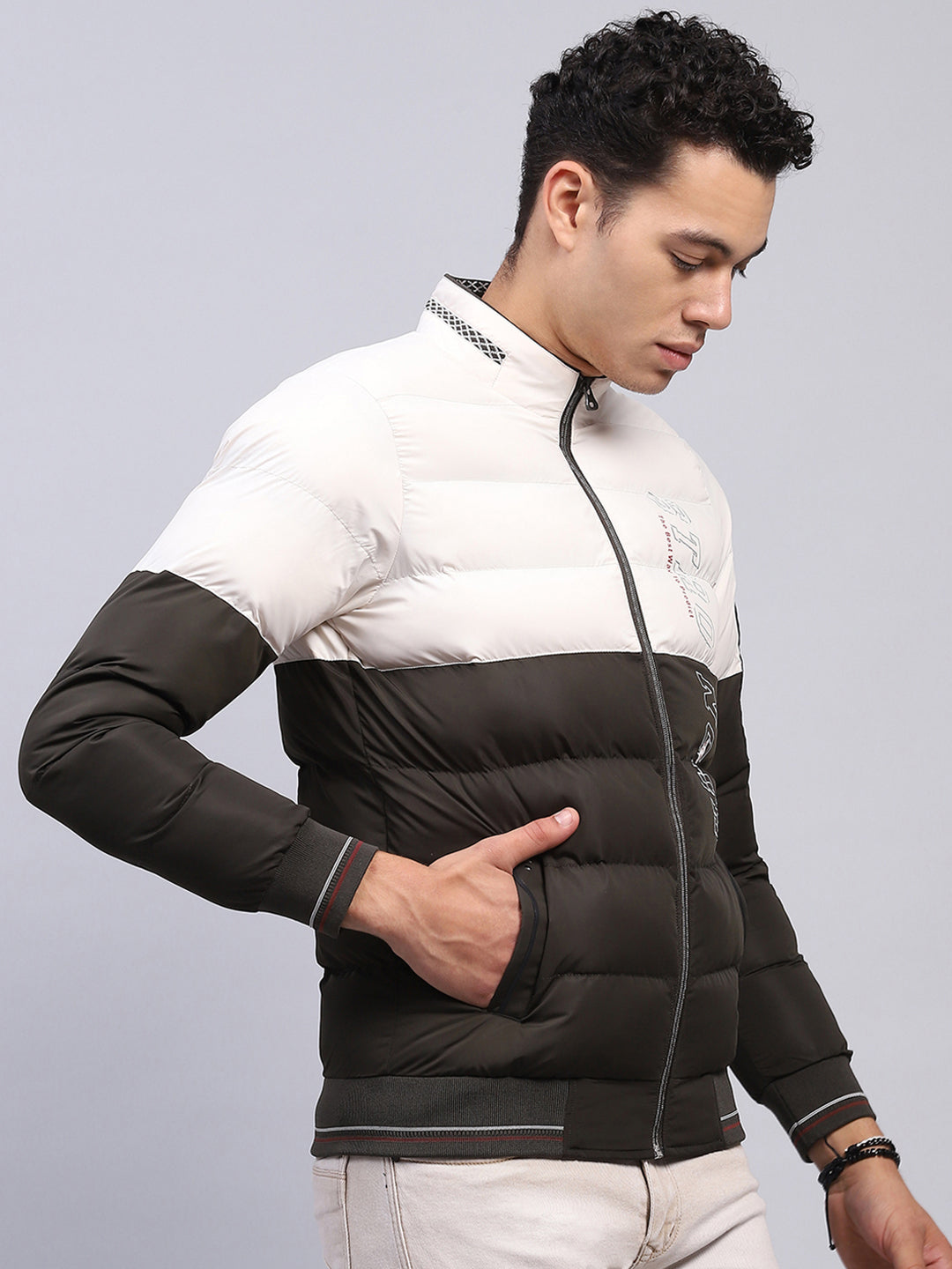 Men White & Olive Printed Mock Neck Full Sleeve Jacket