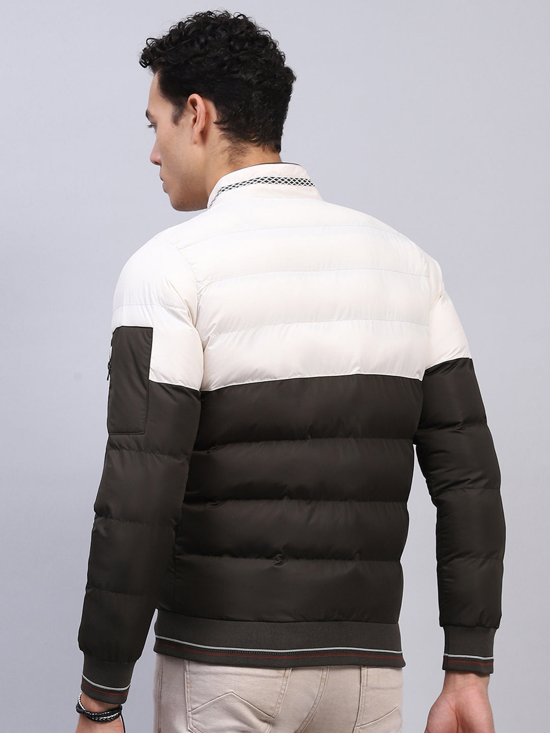 Men White & Olive Printed Mock Neck Full Sleeve Jacket