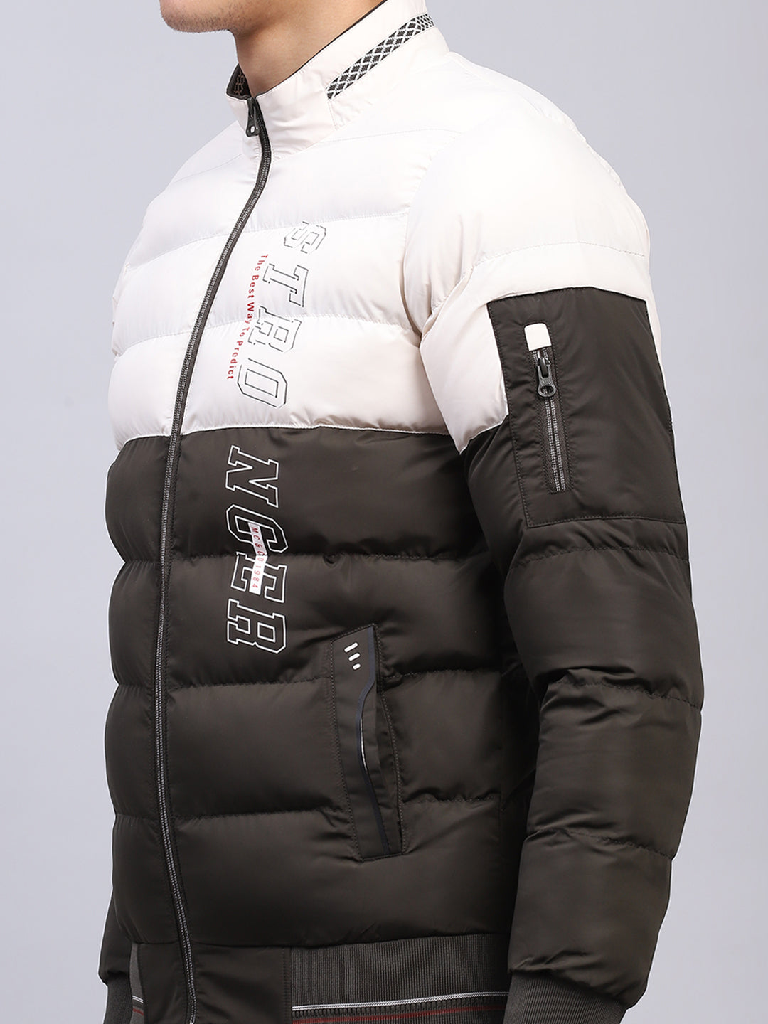 Men White & Olive Printed Mock Neck Full Sleeve Jacket