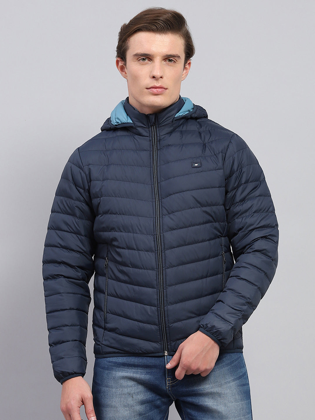 Men Navy Blue Solid Detachable Hood Full Sleeve Jacket