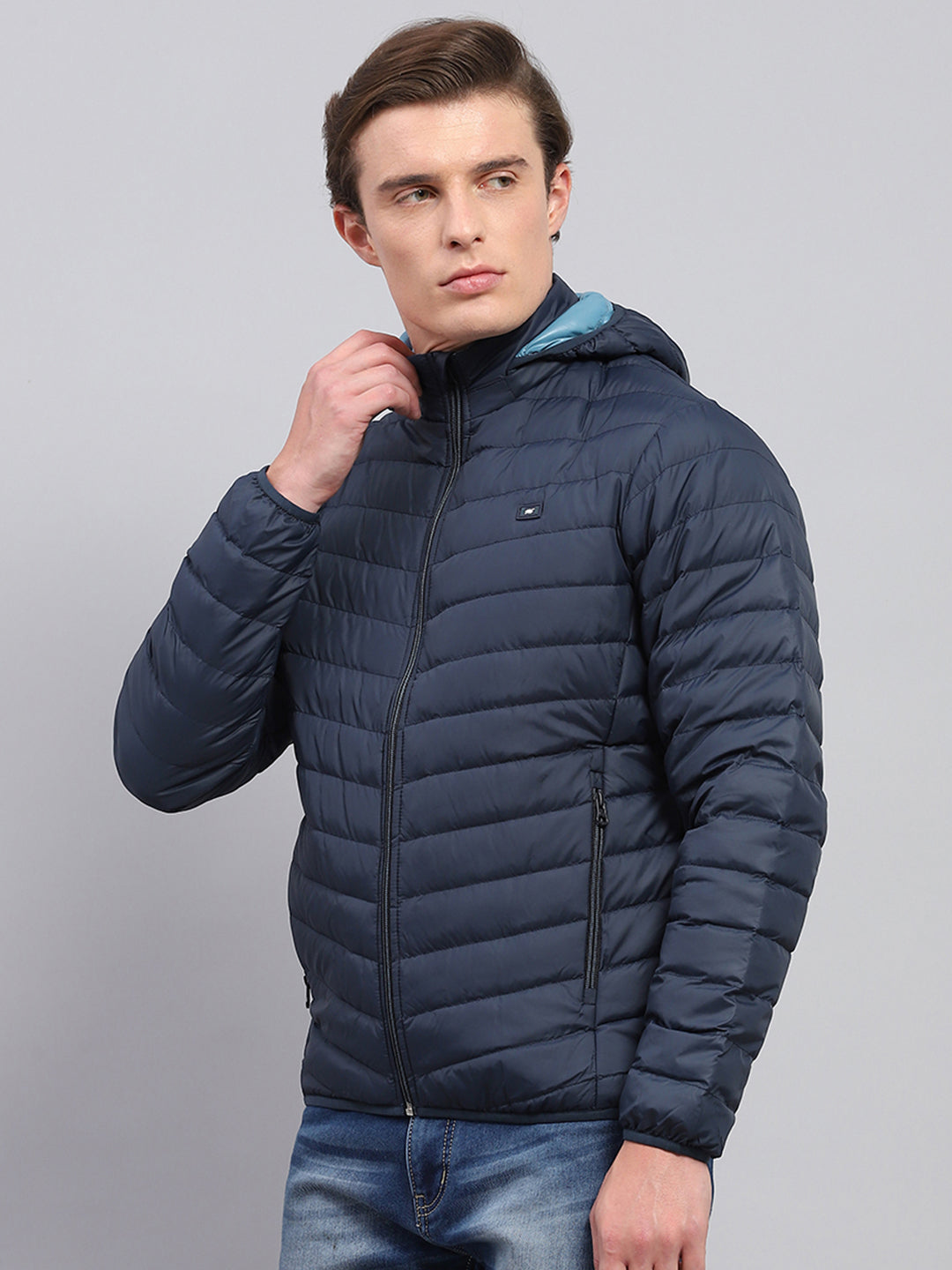 Men Navy Blue Solid Detachable Hood Full Sleeve Jacket