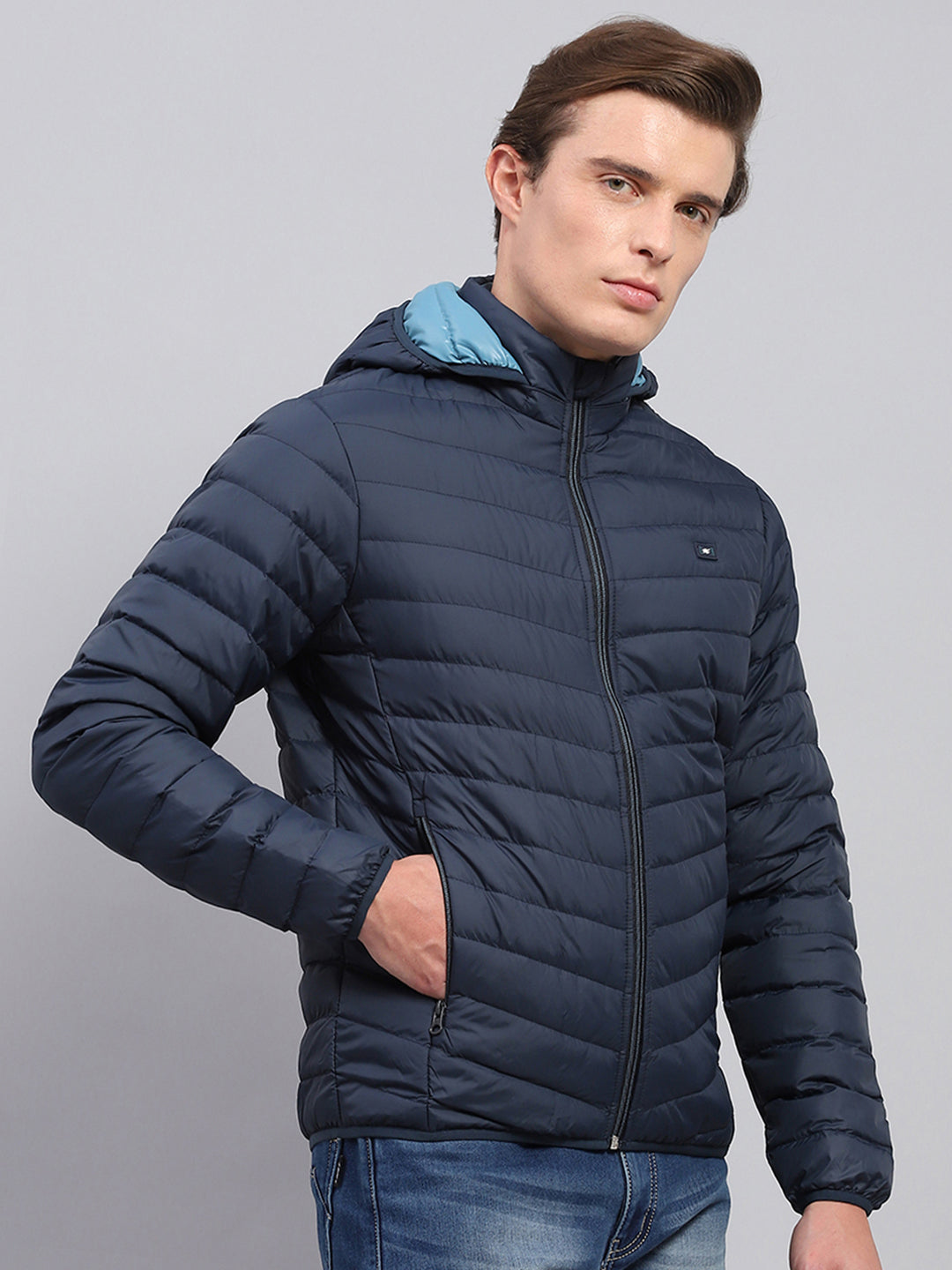 Men Navy Blue Solid Detachable Hood Full Sleeve Jacket