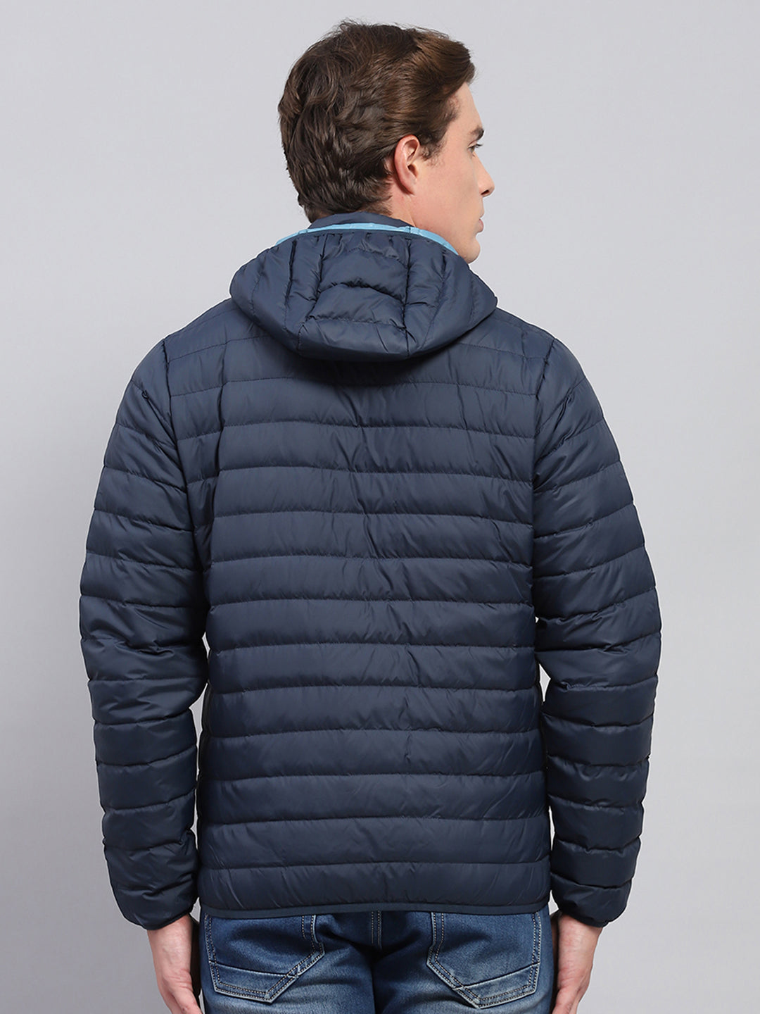 Men Navy Blue Solid Detachable Hood Full Sleeve Jacket