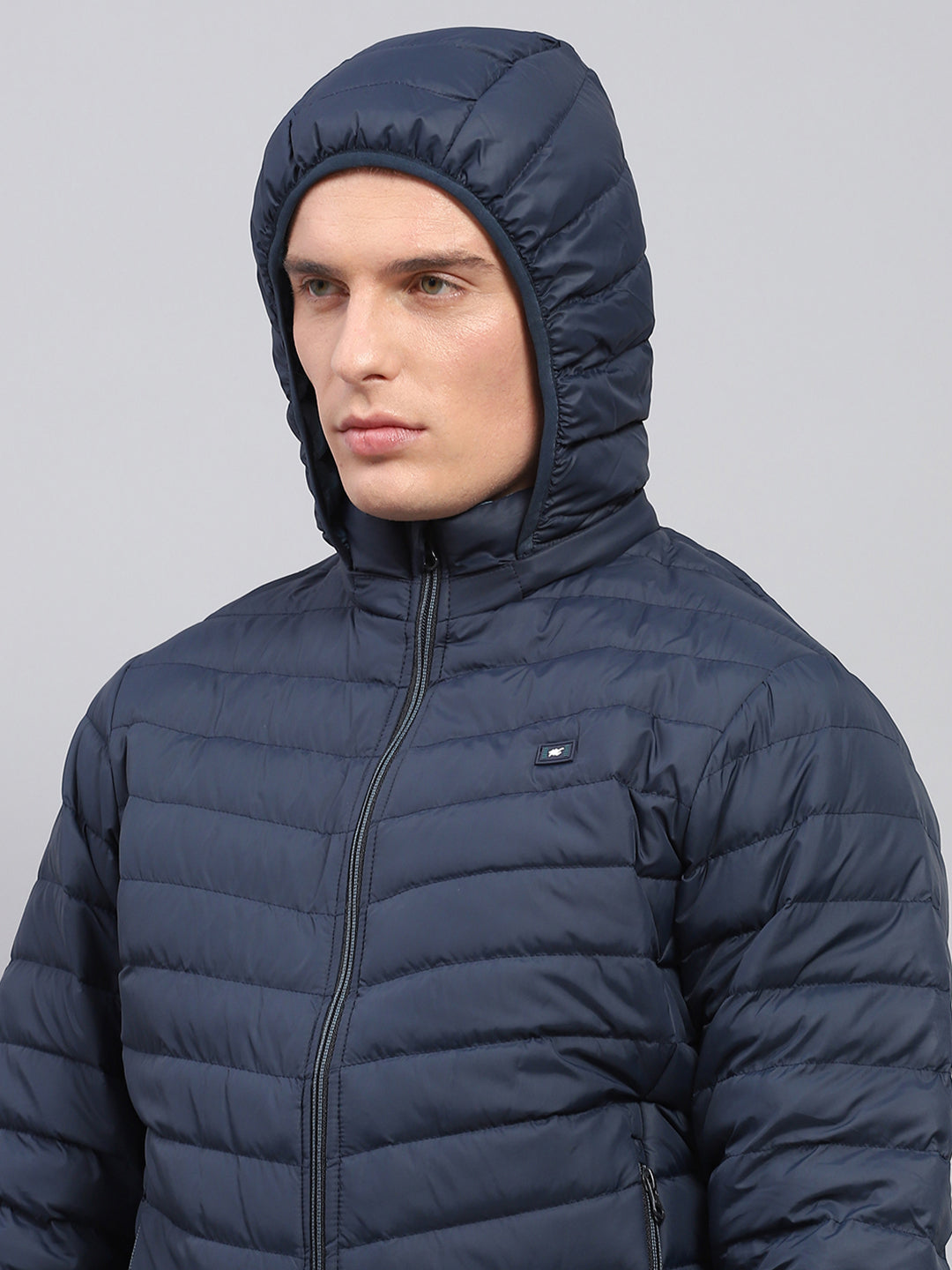 Men Navy Blue Solid Detachable Hood Full Sleeve Jacket