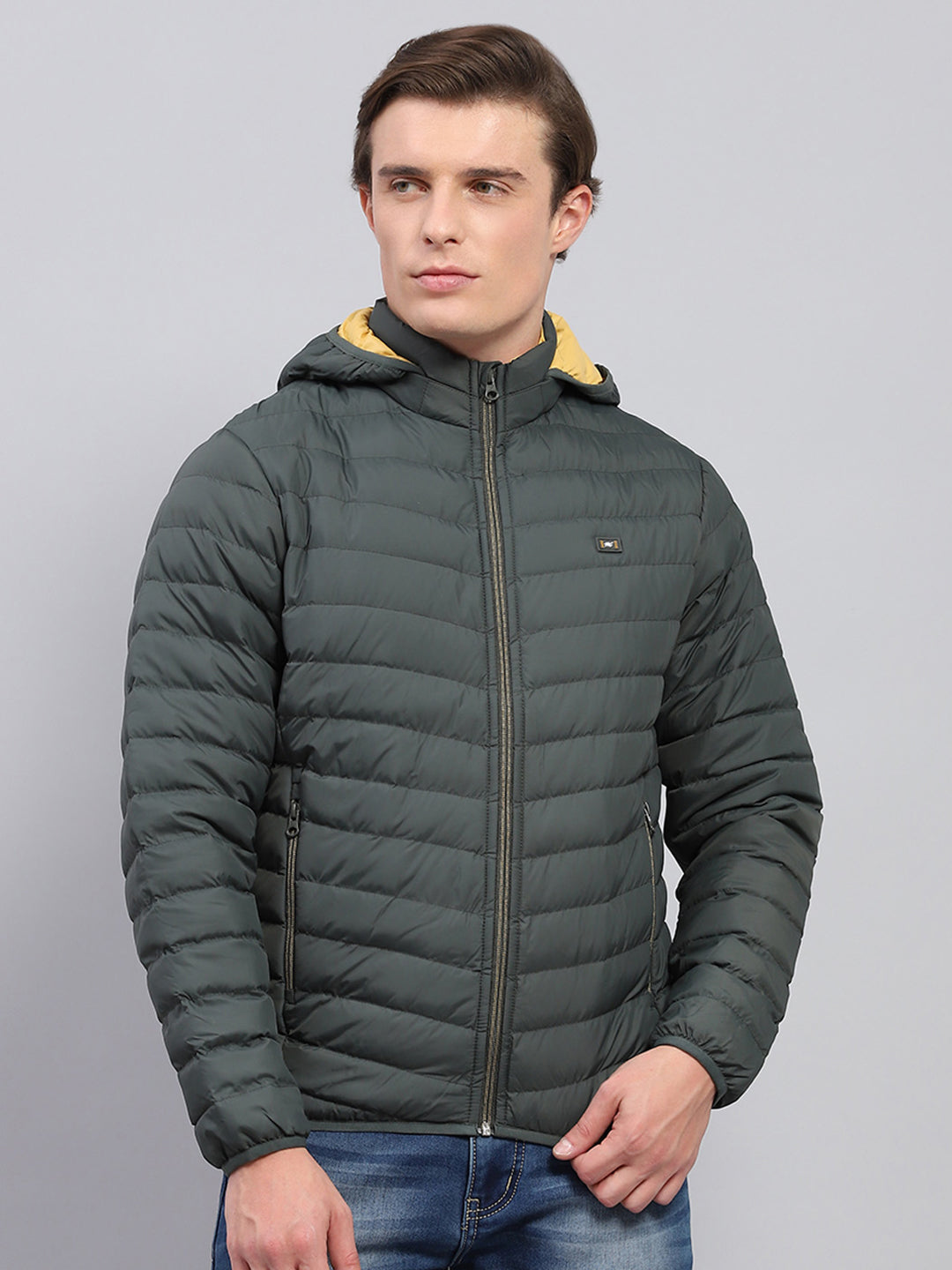 Men Olive Solid Detachable Hood Full Sleeve Jacket