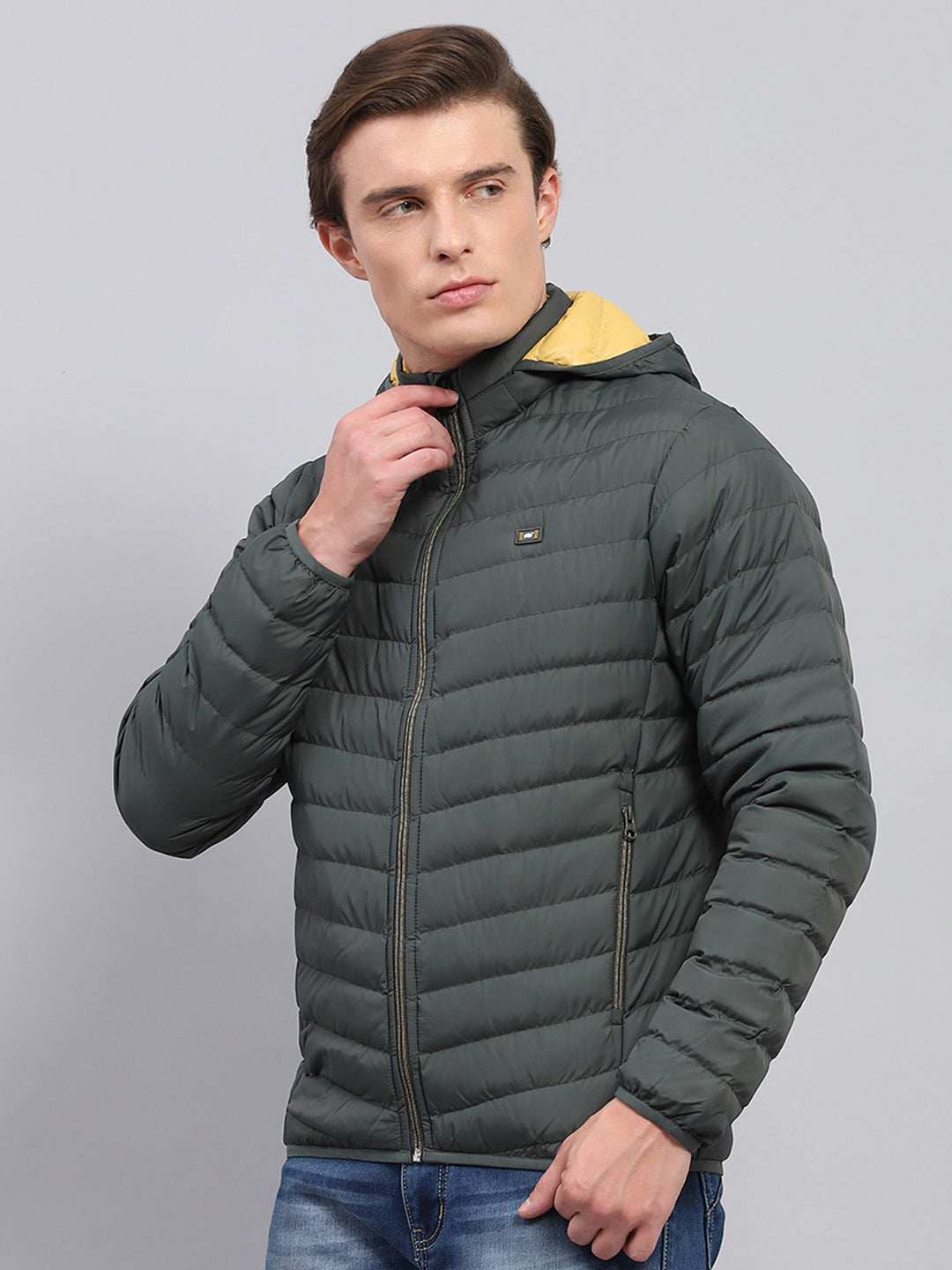 Men Olive Solid Detachable Hood Full Sleeve Jacket