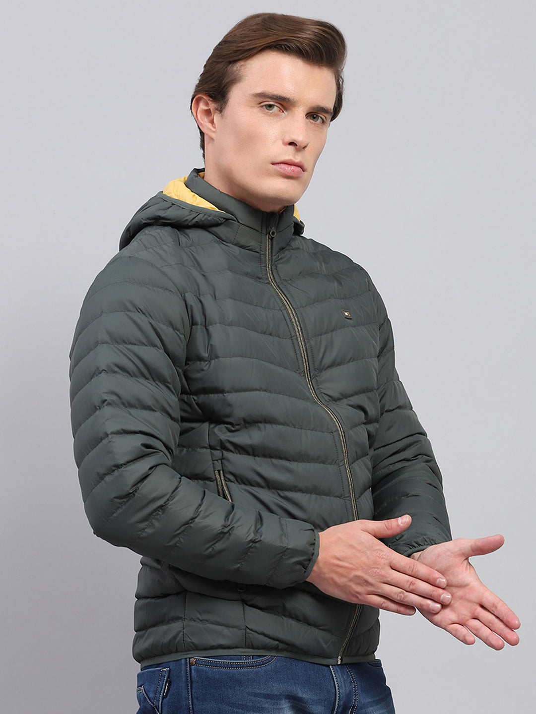 Men Olive Solid Detachable Hood Full Sleeve Jacket
