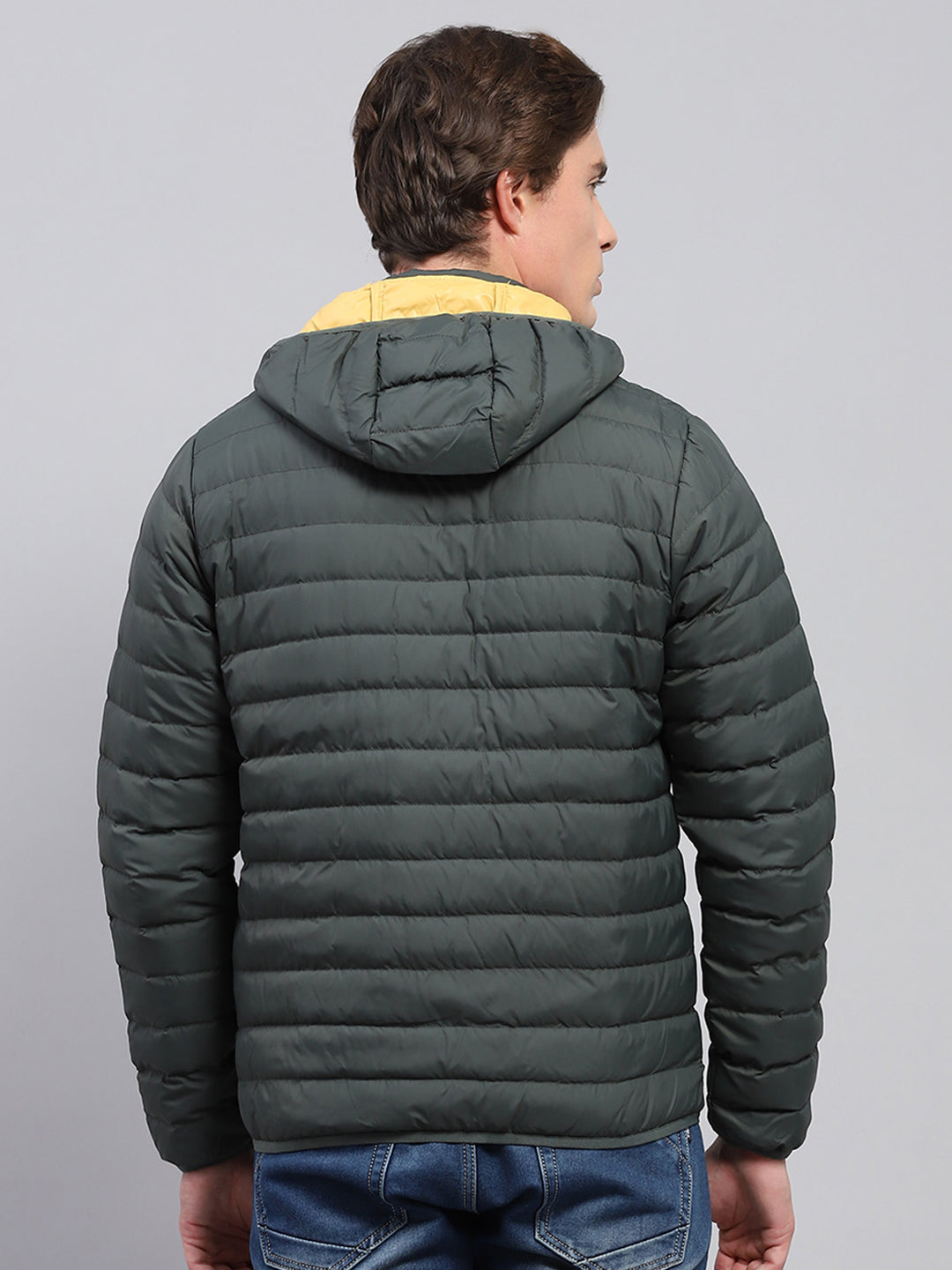 Men Olive Solid Detachable Hood Full Sleeve Jacket