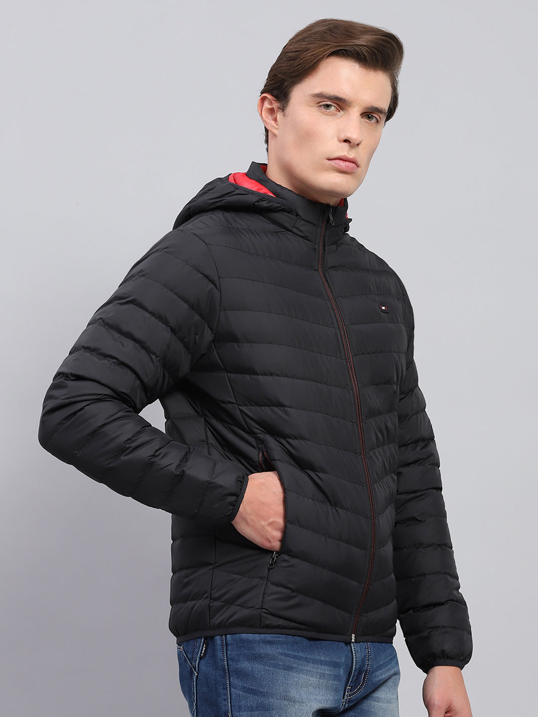 Men Black Solid Detachable Hood Full Sleeve Jacket