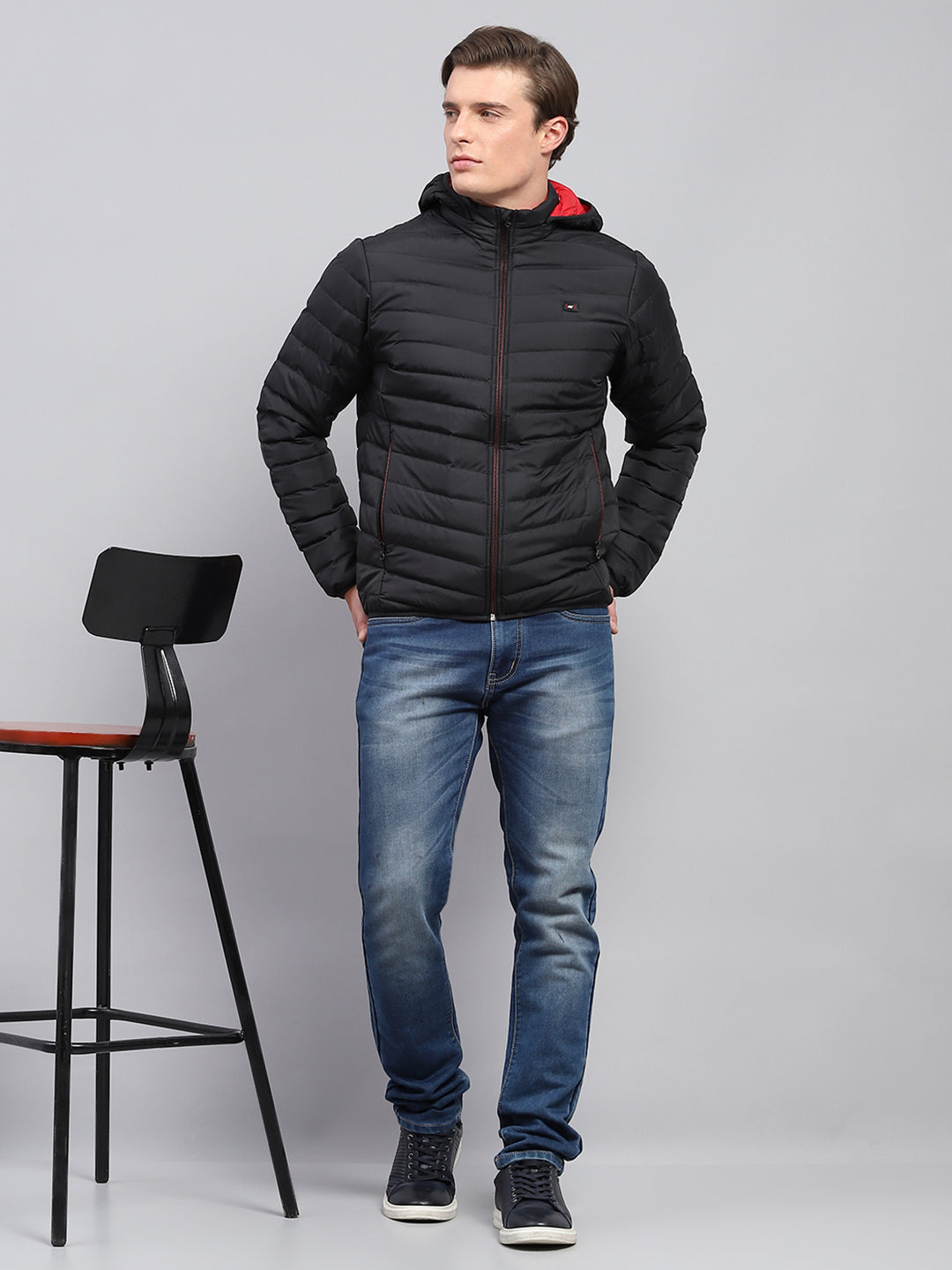 Men Black Solid Detachable Hood Full Sleeve Jacket