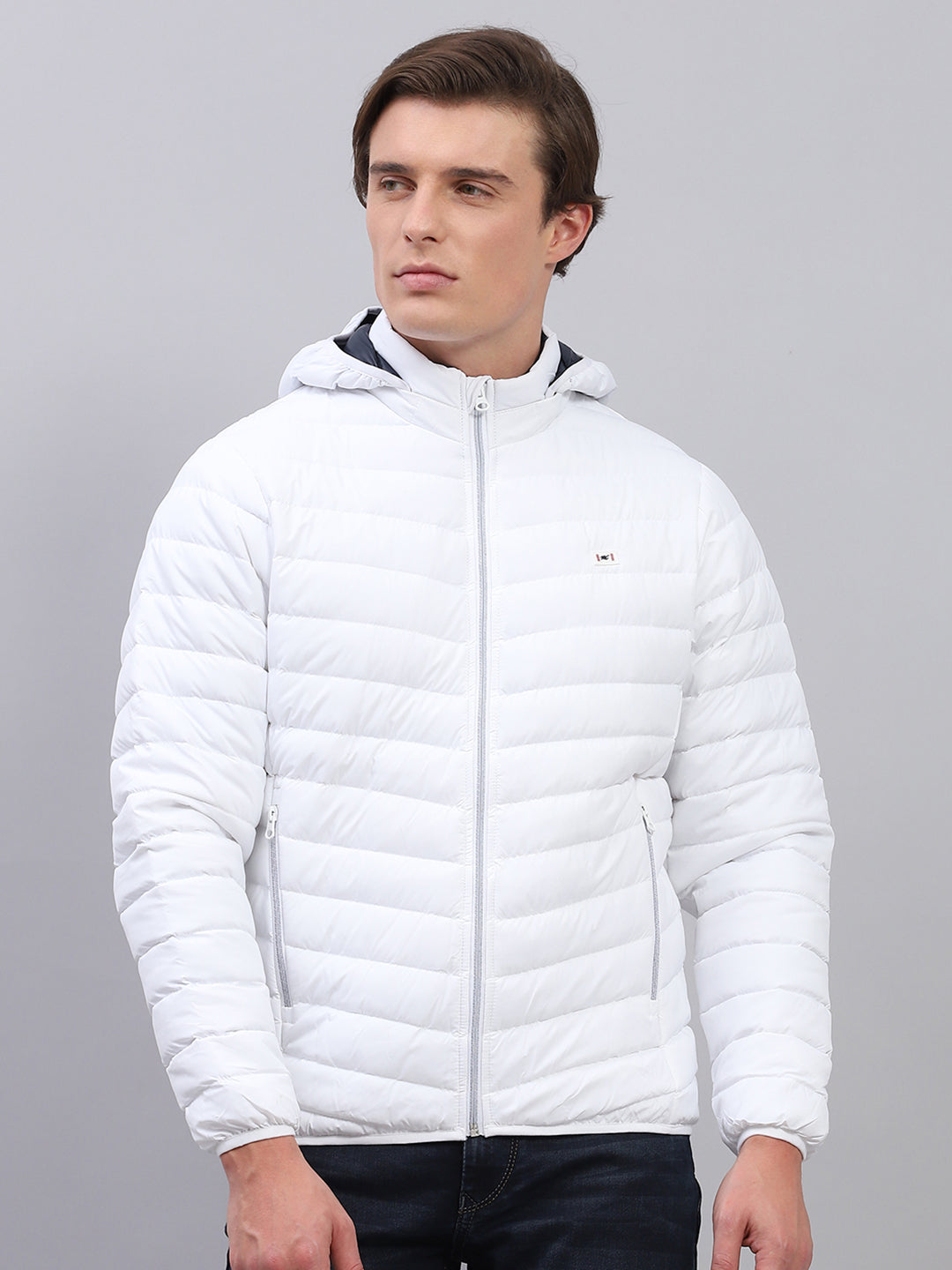 Men White Solid Detachable Hood Full Sleeve Jacket