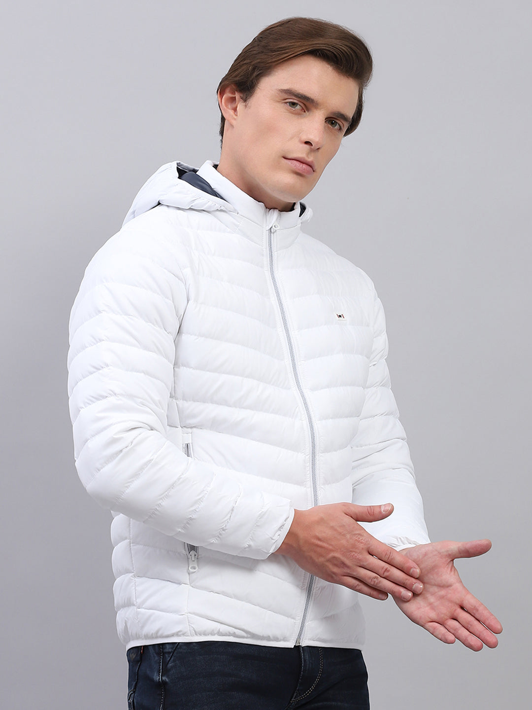 Men White Solid Detachable Hood Full Sleeve Jacket