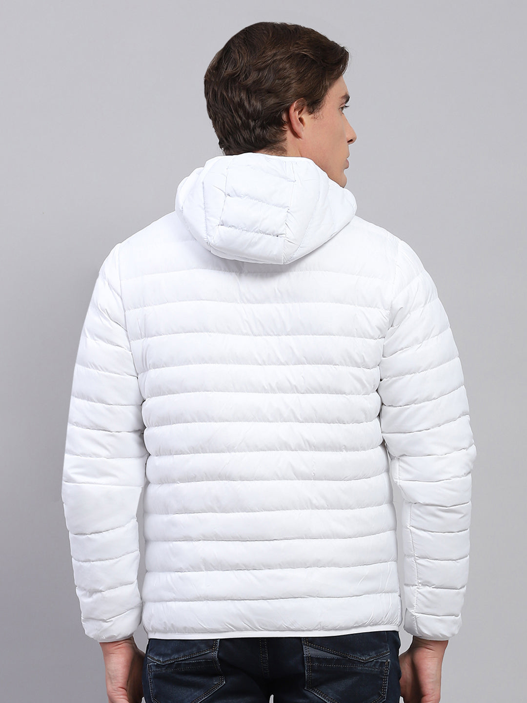 Men White Solid Detachable Hood Full Sleeve Jacket