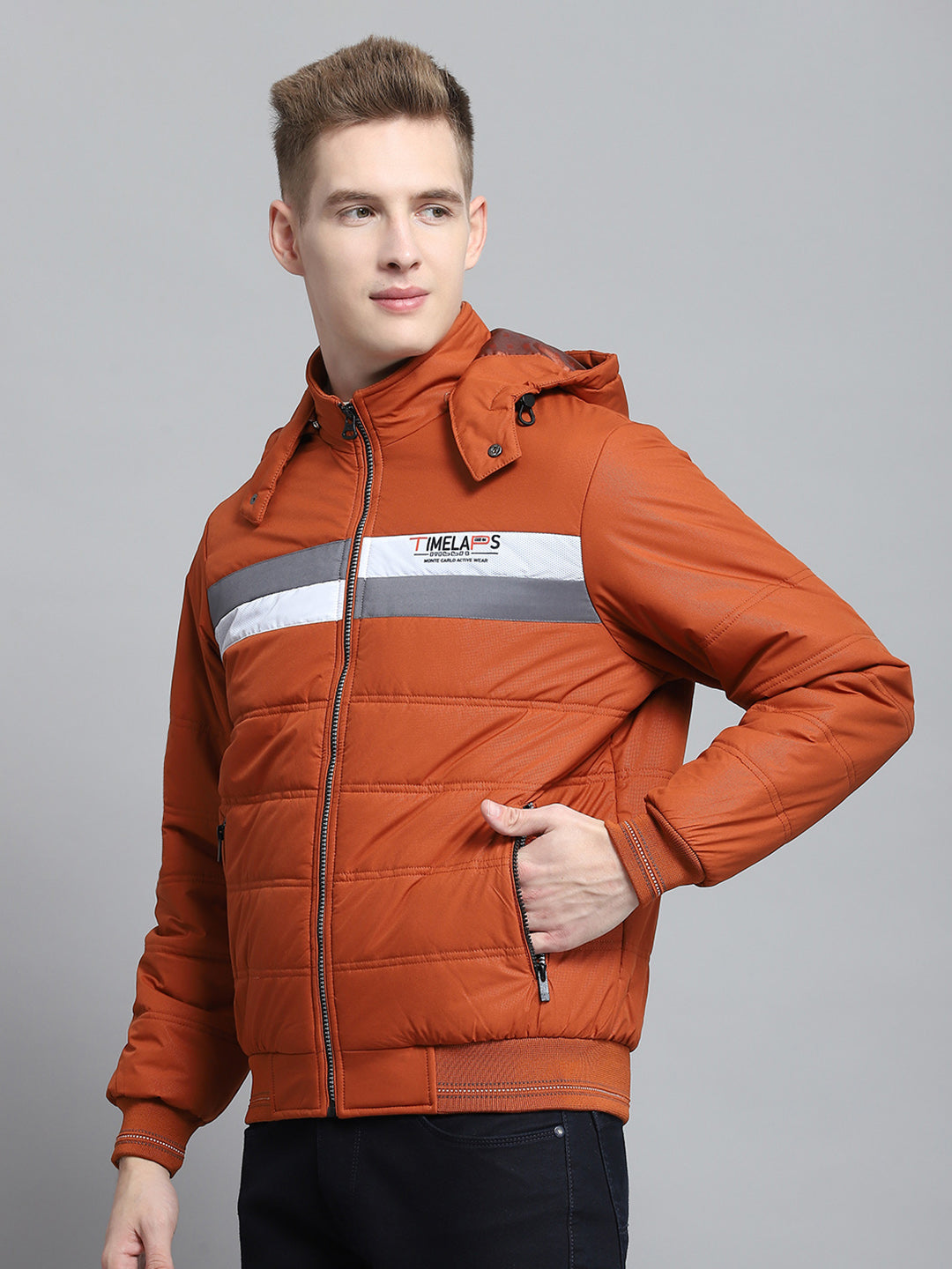 Men Rust Printed Detachable Hood Full Sleeve Jacket