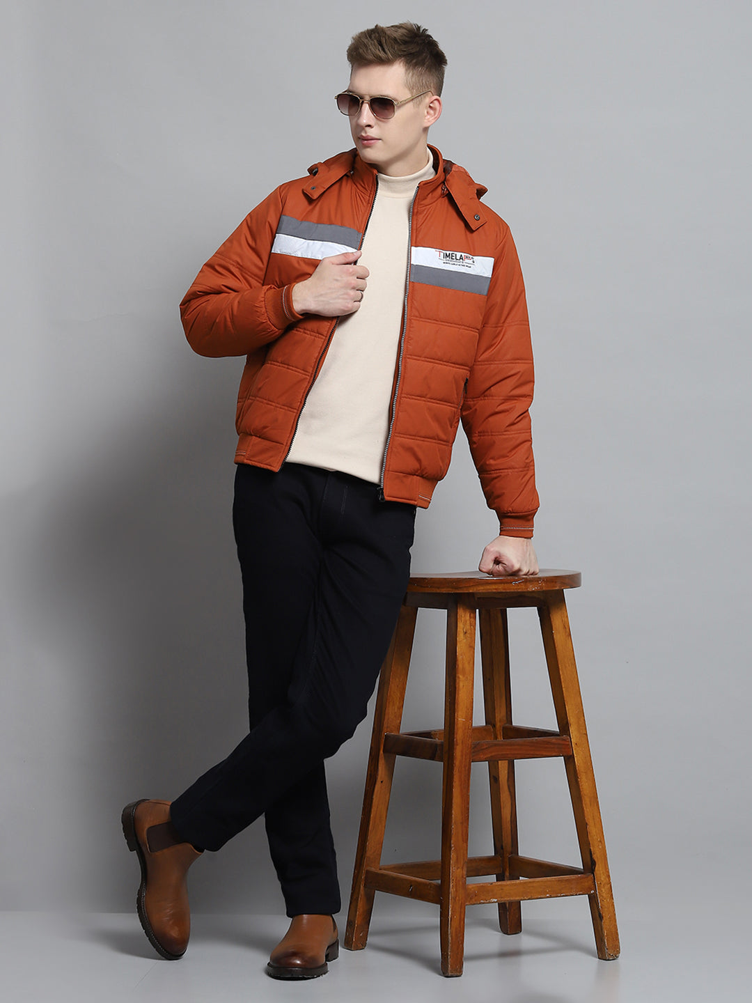 Men Rust Printed Detachable Hood Full Sleeve Jacket