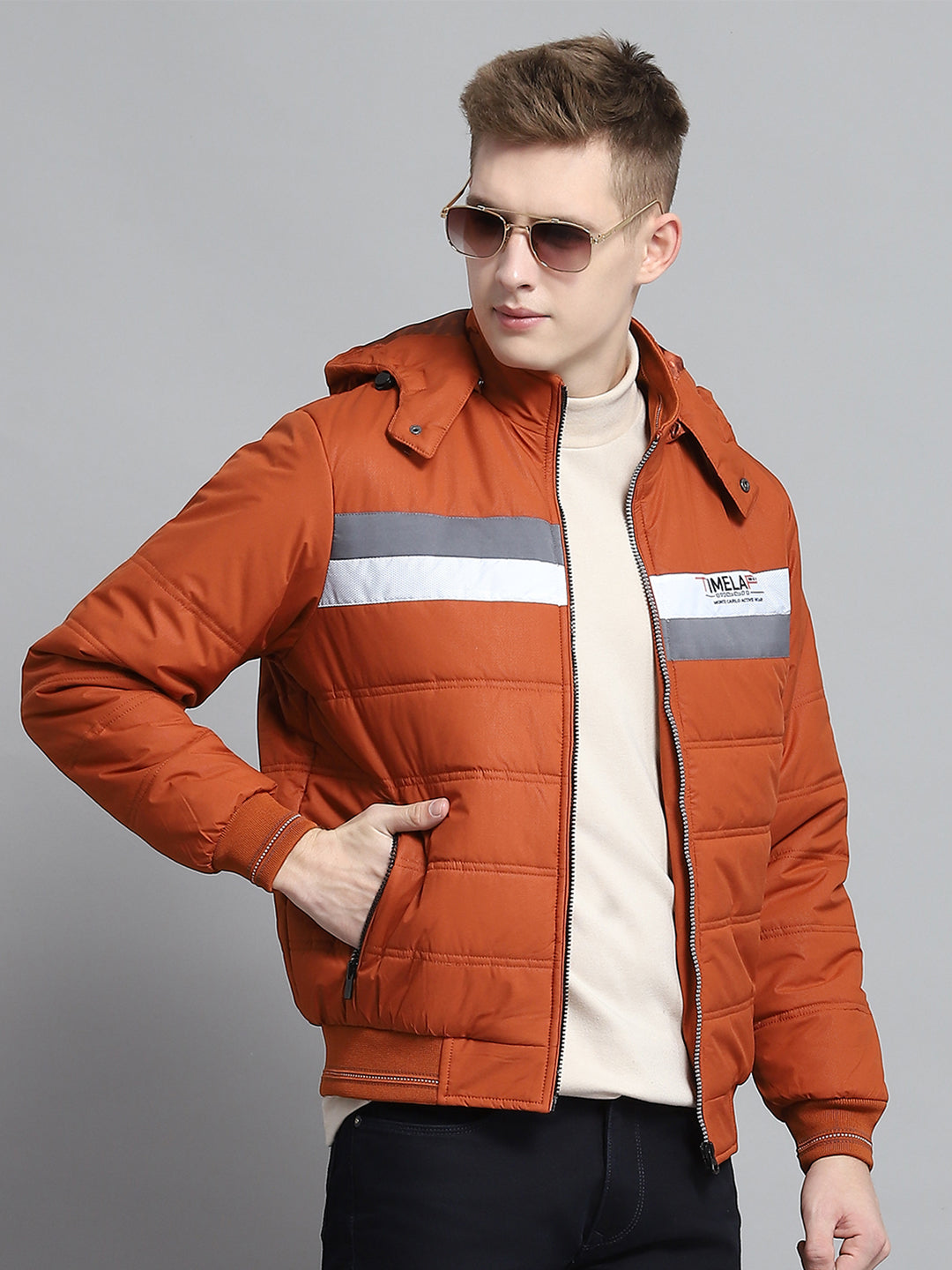 Men Rust Printed Detachable Hood Full Sleeve Jacket