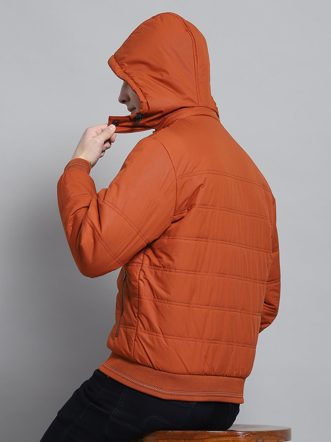 Men Rust Printed Detachable Hood Full Sleeve Jacket