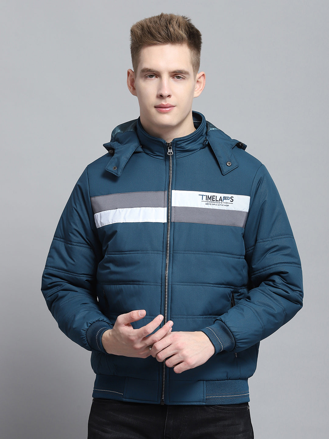 Men Teal Blue Printed Detachable Hood Full Sleeve Jacket