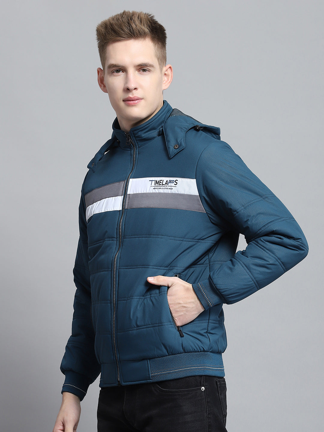 Men Teal Blue Printed Detachable Hood Full Sleeve Jacket