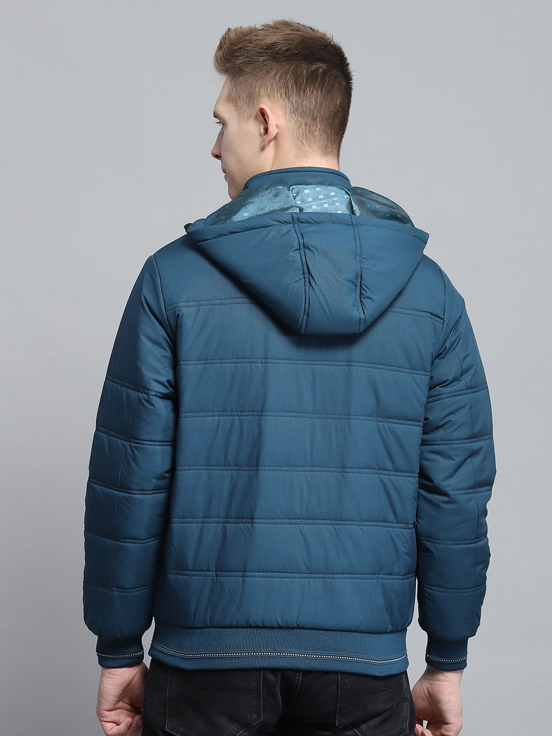 Men Teal Blue Printed Detachable Hood Full Sleeve Jacket