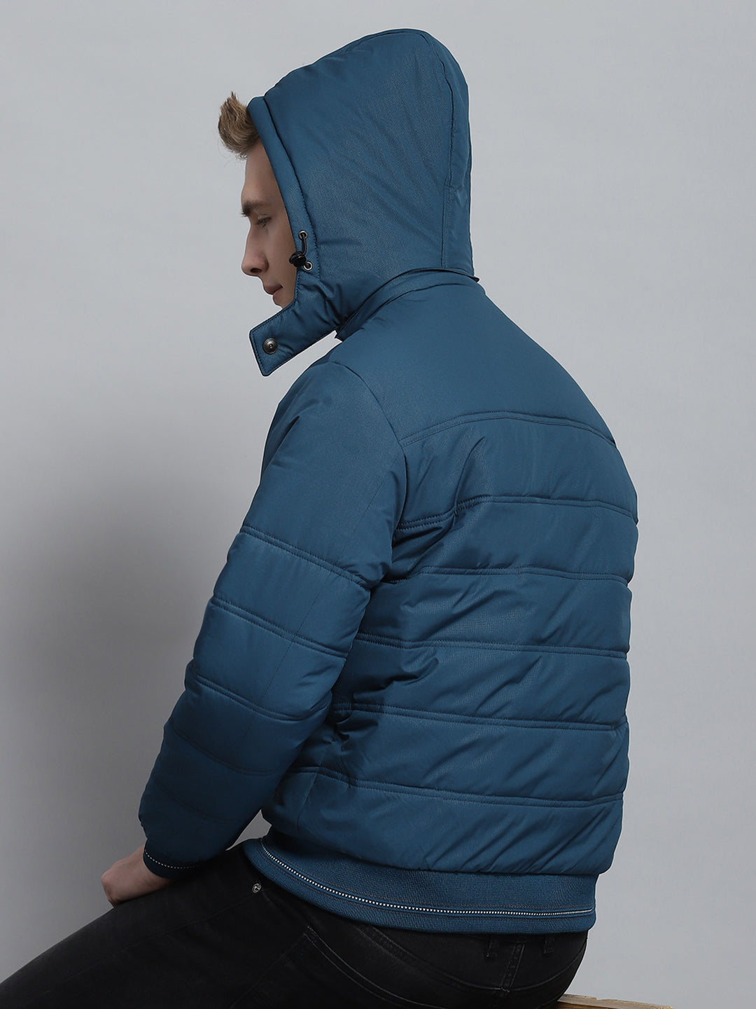 Men Teal Blue Printed Detachable Hood Full Sleeve Jacket