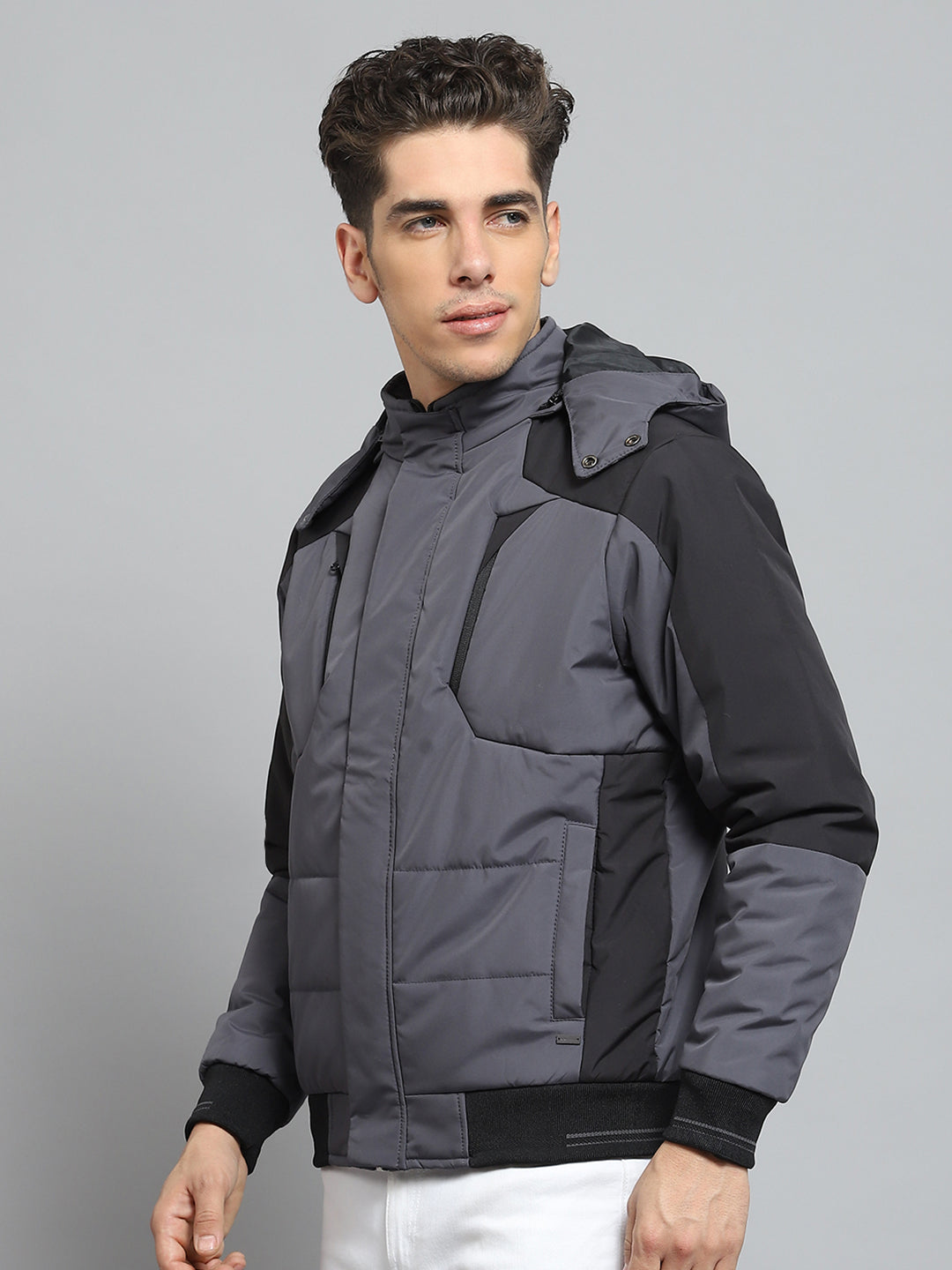 Men Grey Solid Detachable Hood Full Sleeve Jacket