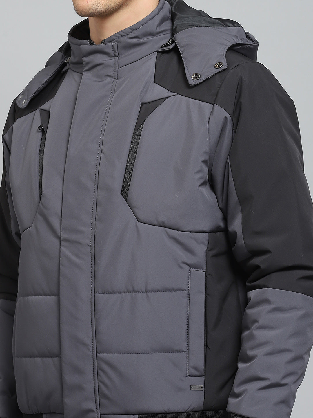 Men Grey Solid Detachable Hood Full Sleeve Jacket