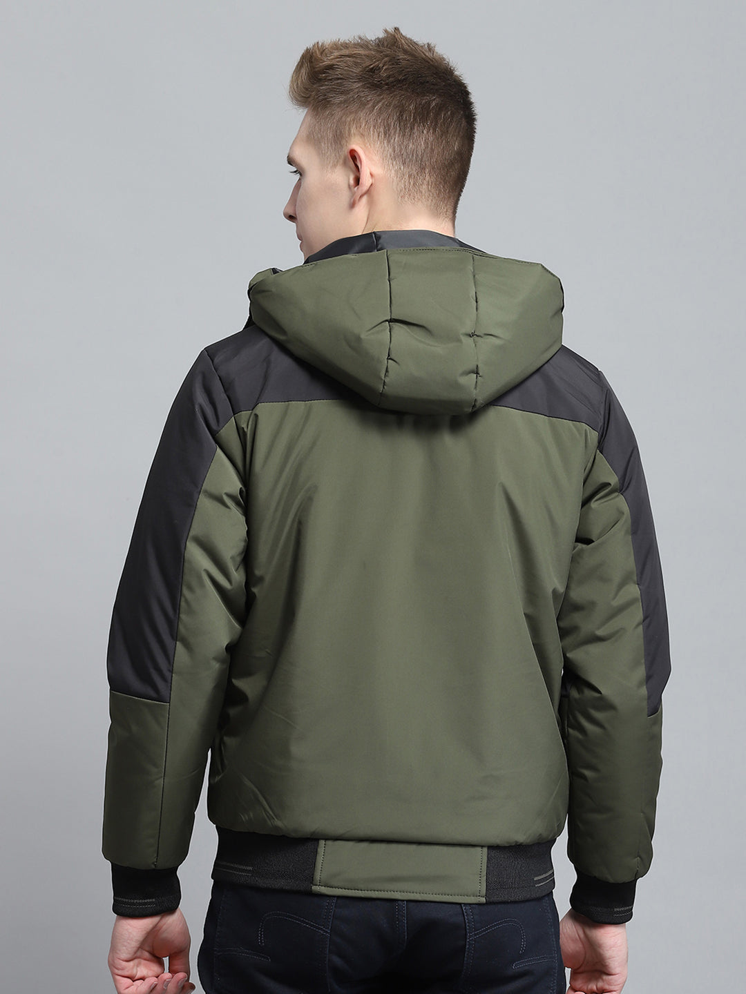 Men Olive Solid Detachable Hood Full Sleeve Jacket