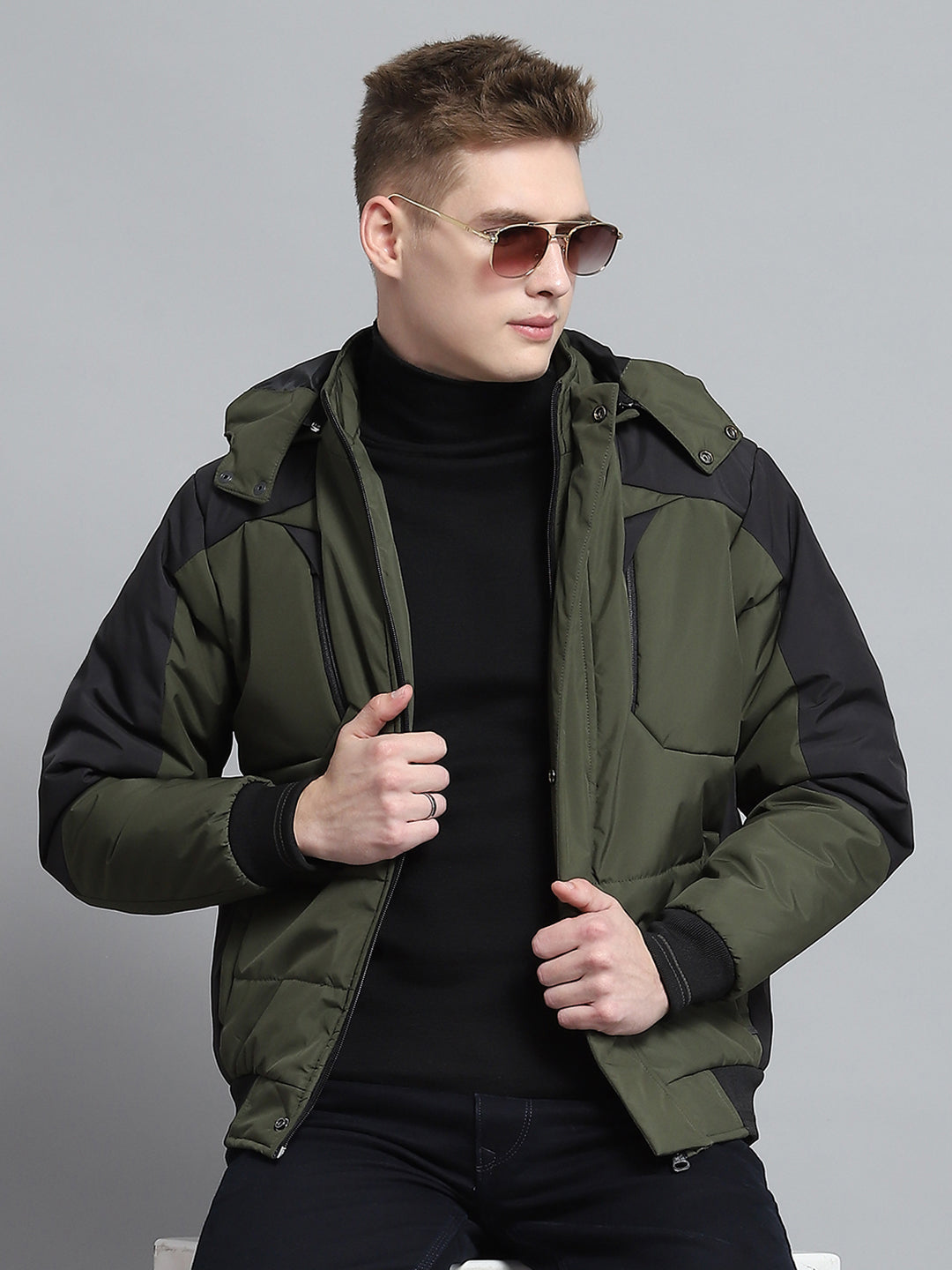 Men Olive Solid Detachable Hood Full Sleeve Jacket