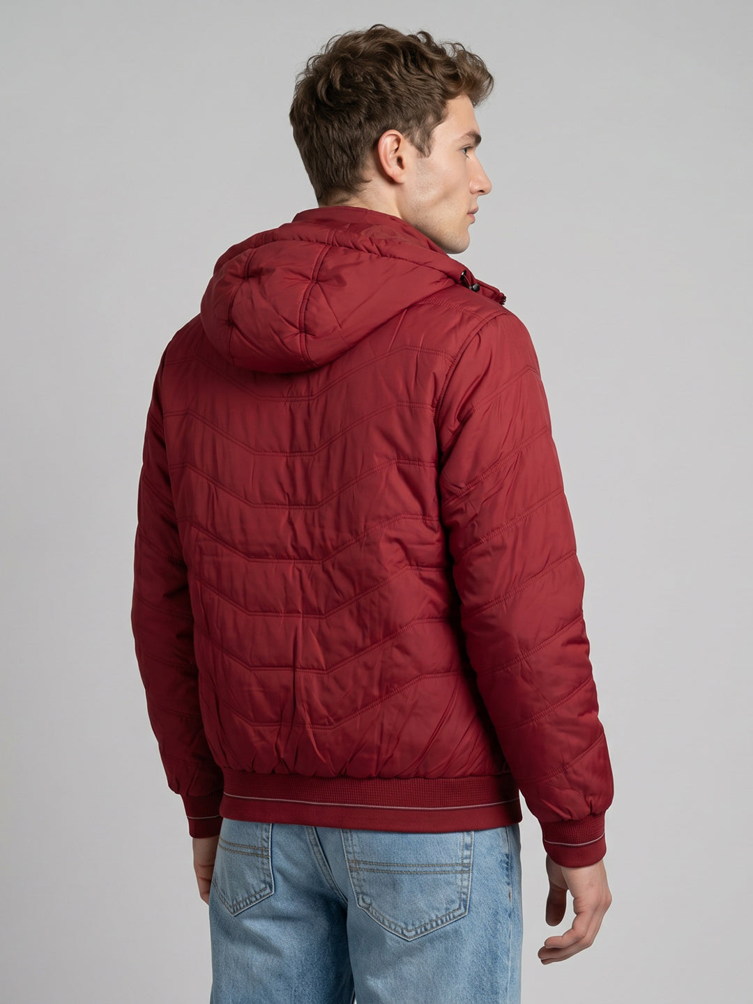 Men Maroon Solid Detachable Hood Full Sleeve Puffer Jacket