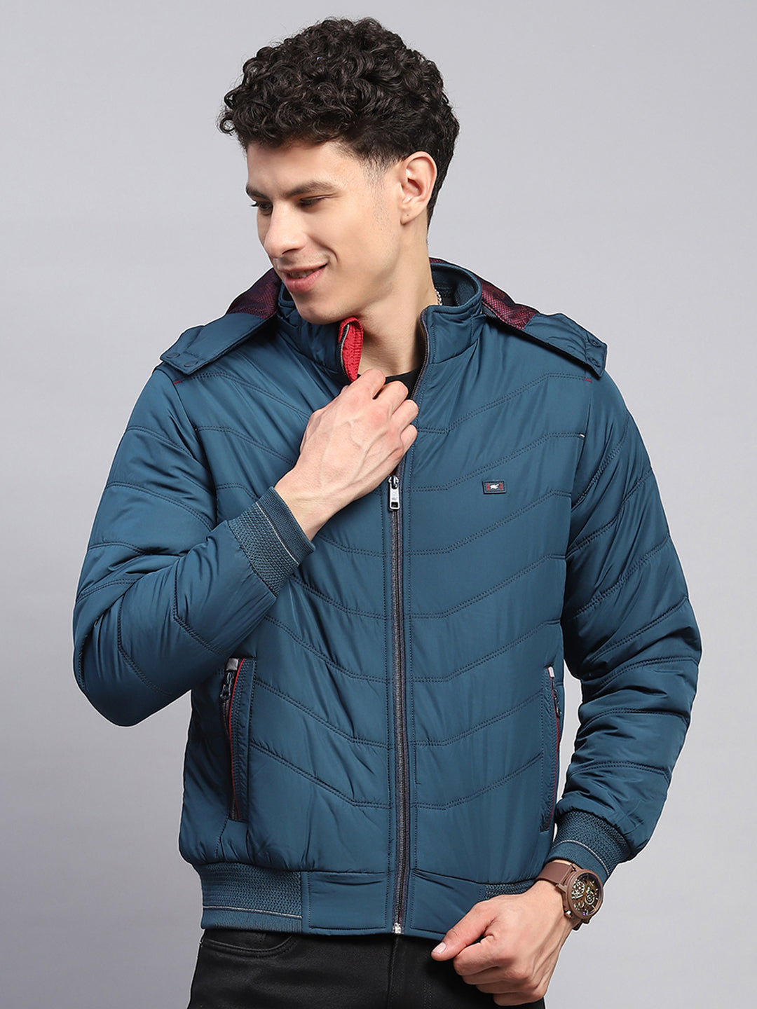 Men Teal Blue Solid Detachable Hood Full Sleeve Jacket