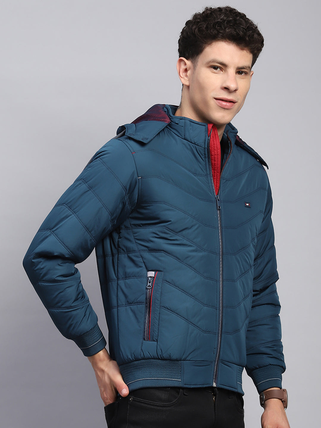Men Teal Blue Solid Detachable Hood Full Sleeve Jacket