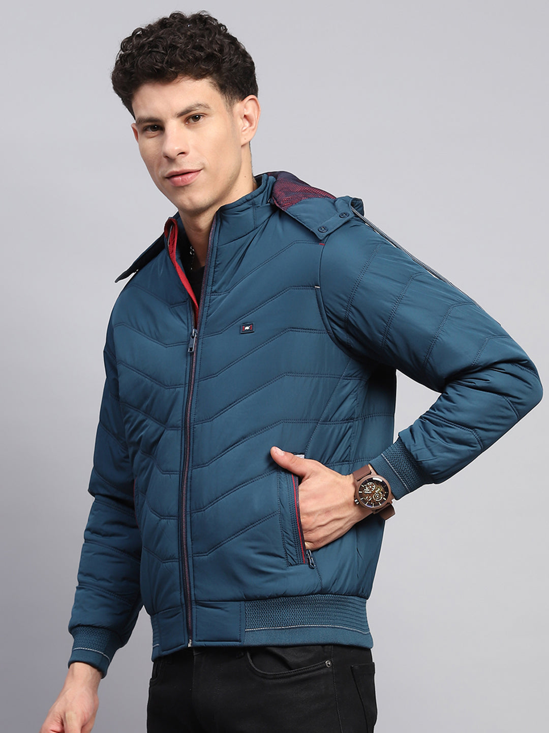 Men Teal Blue Solid Detachable Hood Full Sleeve Jacket