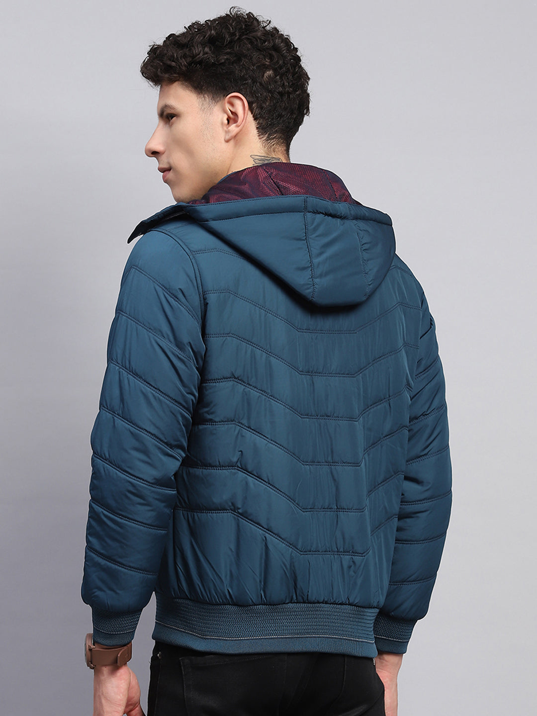 Men Teal Blue Solid Detachable Hood Full Sleeve Jacket