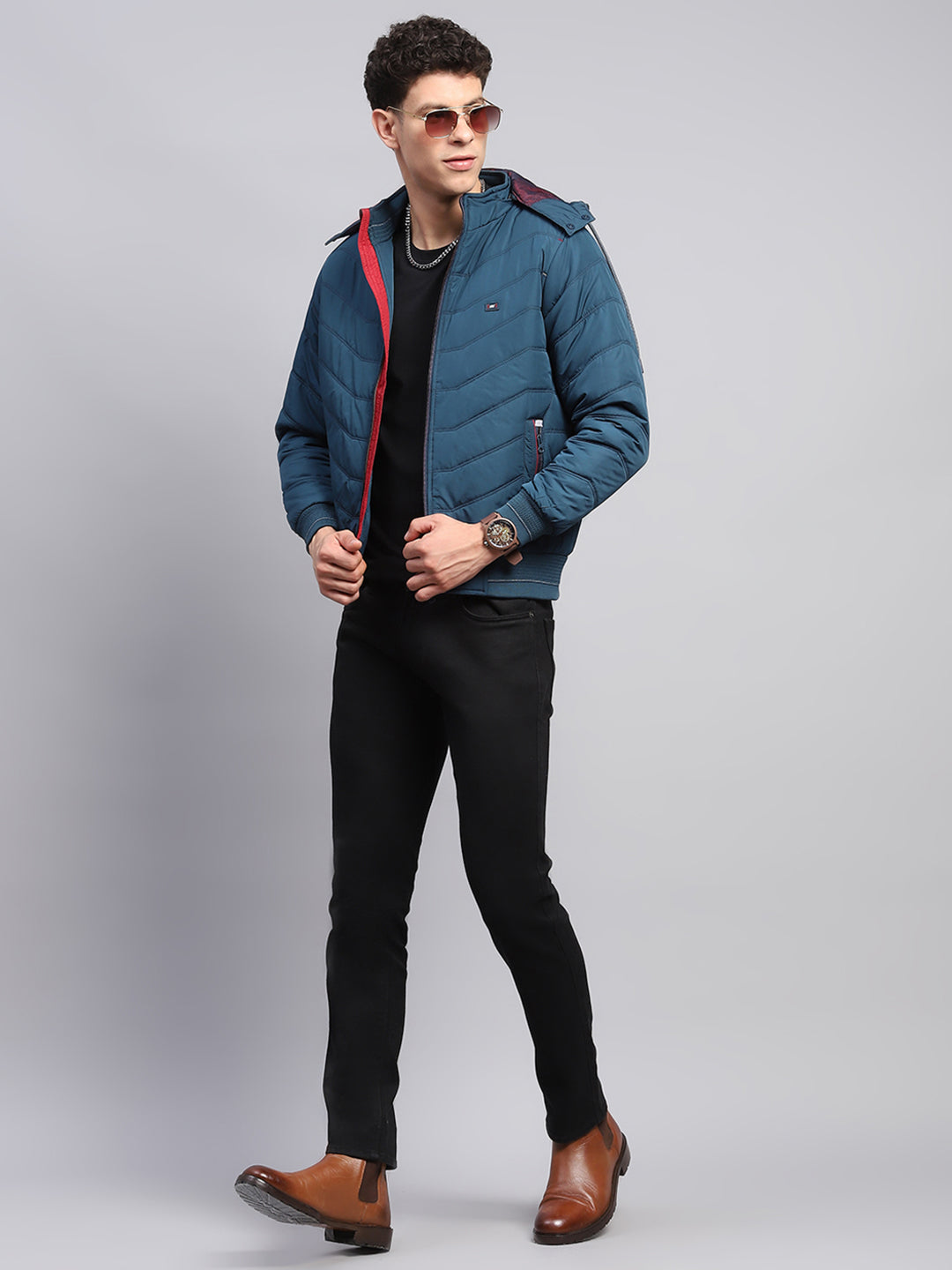 Men Teal Blue Solid Detachable Hood Full Sleeve Jacket