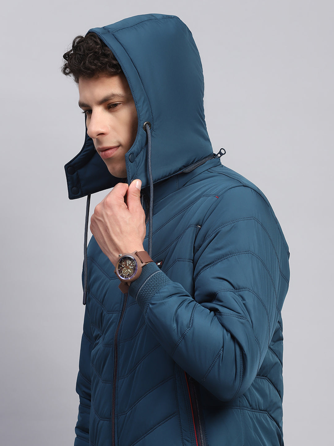 Men Teal Blue Solid Detachable Hood Full Sleeve Jacket