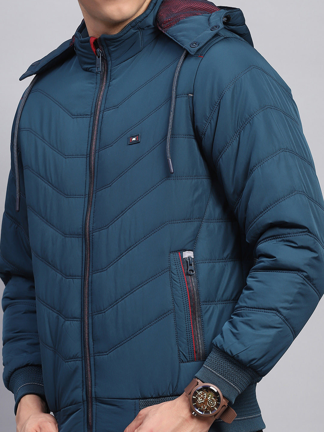 Men Teal Blue Solid Detachable Hood Full Sleeve Jacket