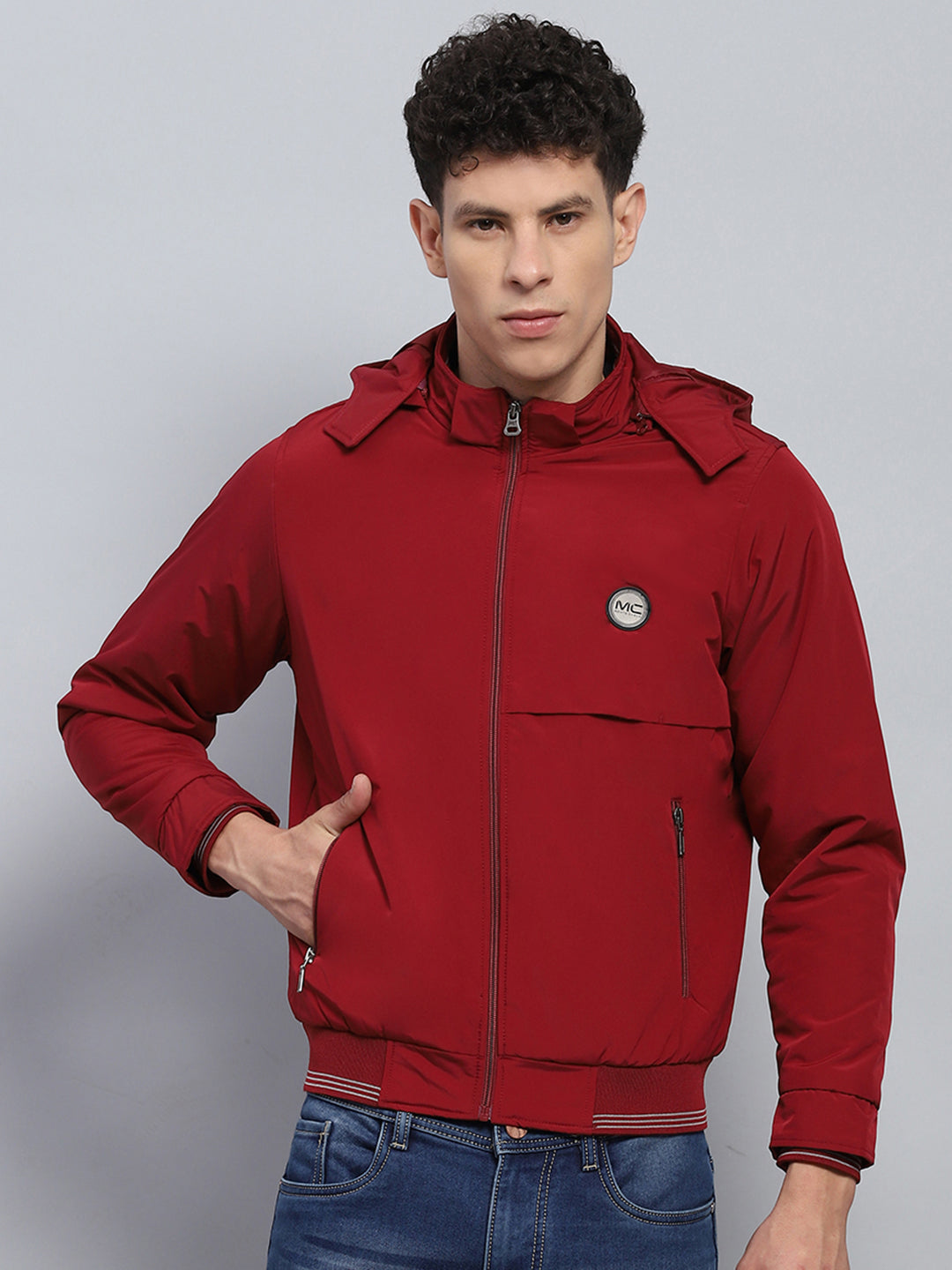 Buy Men Maroon Solid Hooded Full Sleeve Jacket Online in India