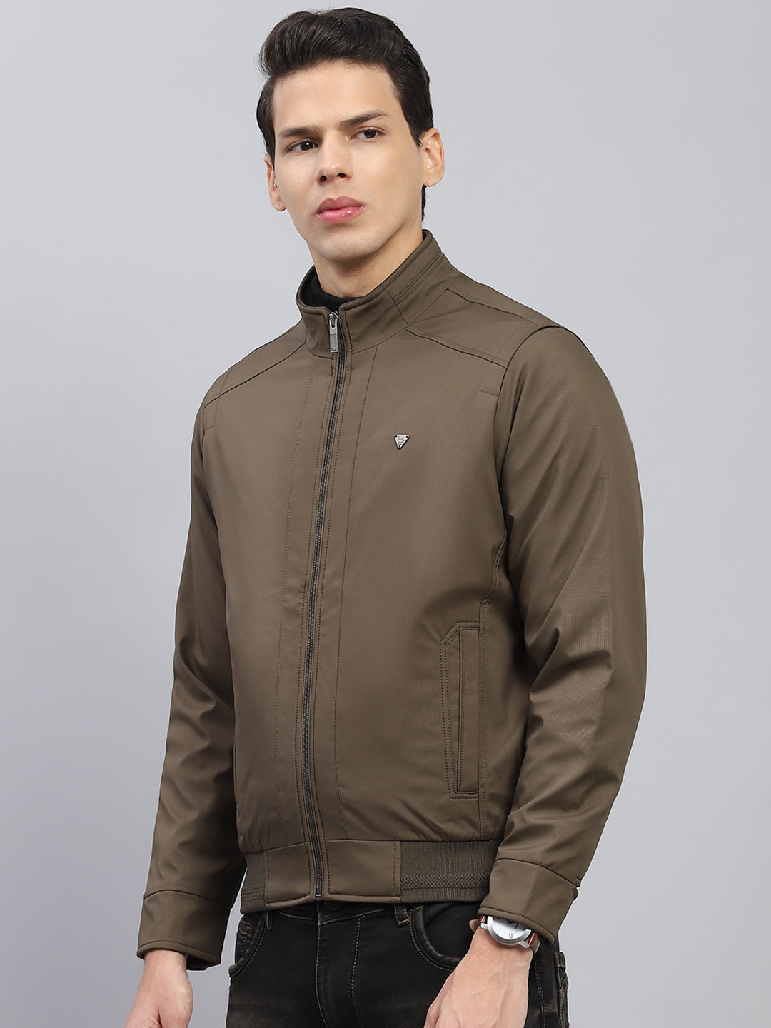 Men Olive Solid Mock Neck Full Sleeve Jacket