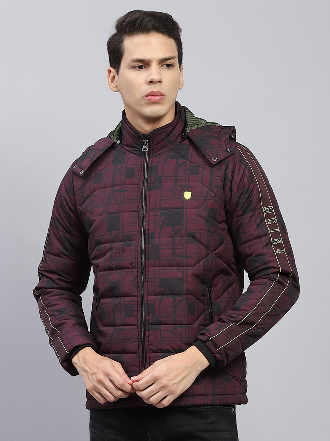 Men Maroon Printed Detachable Hood Full Sleeve Jacket
