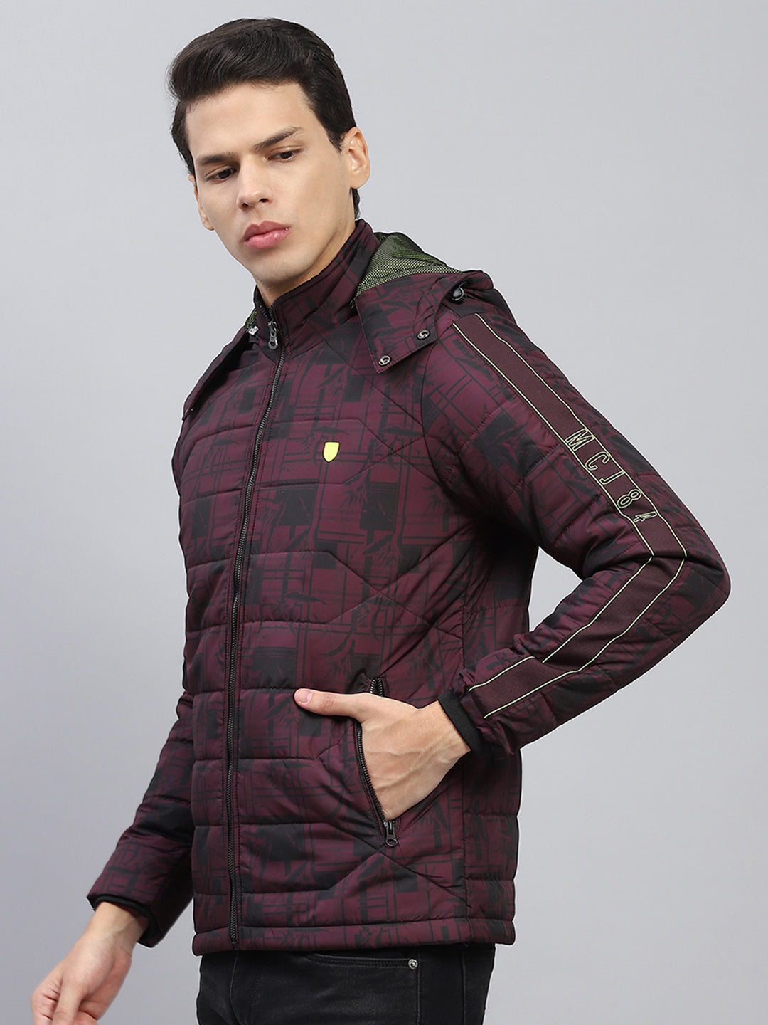 Men Maroon Printed Detachable Hood Full Sleeve Jacket