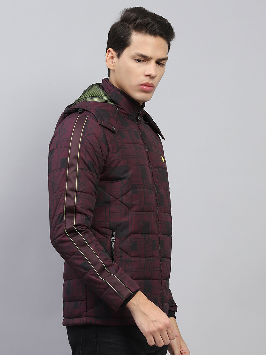 Men Maroon Printed Detachable Hood Full Sleeve Jacket