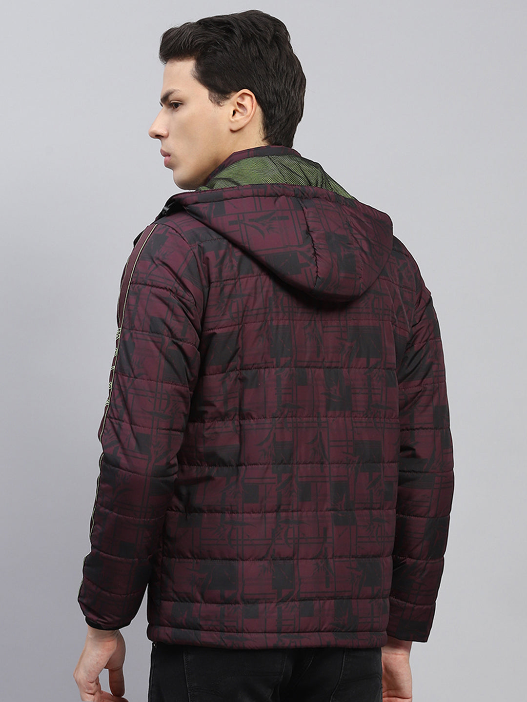 Men Maroon Printed Detachable Hood Full Sleeve Jacket