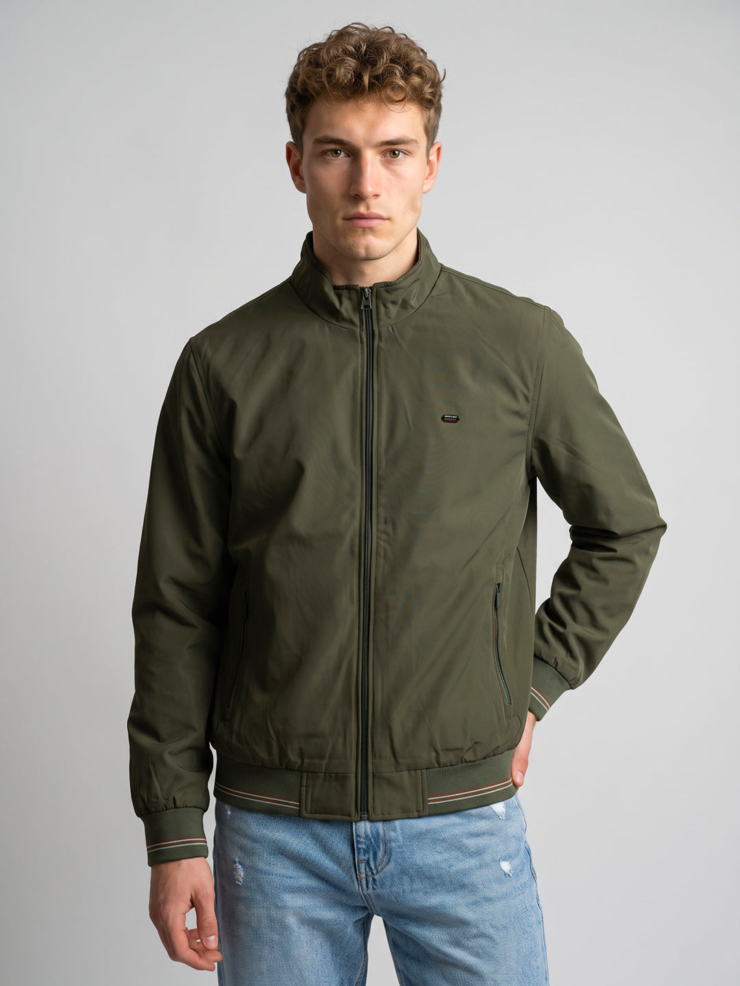 Men Olive Solid Collar Full Sleeve Bomber Jacket